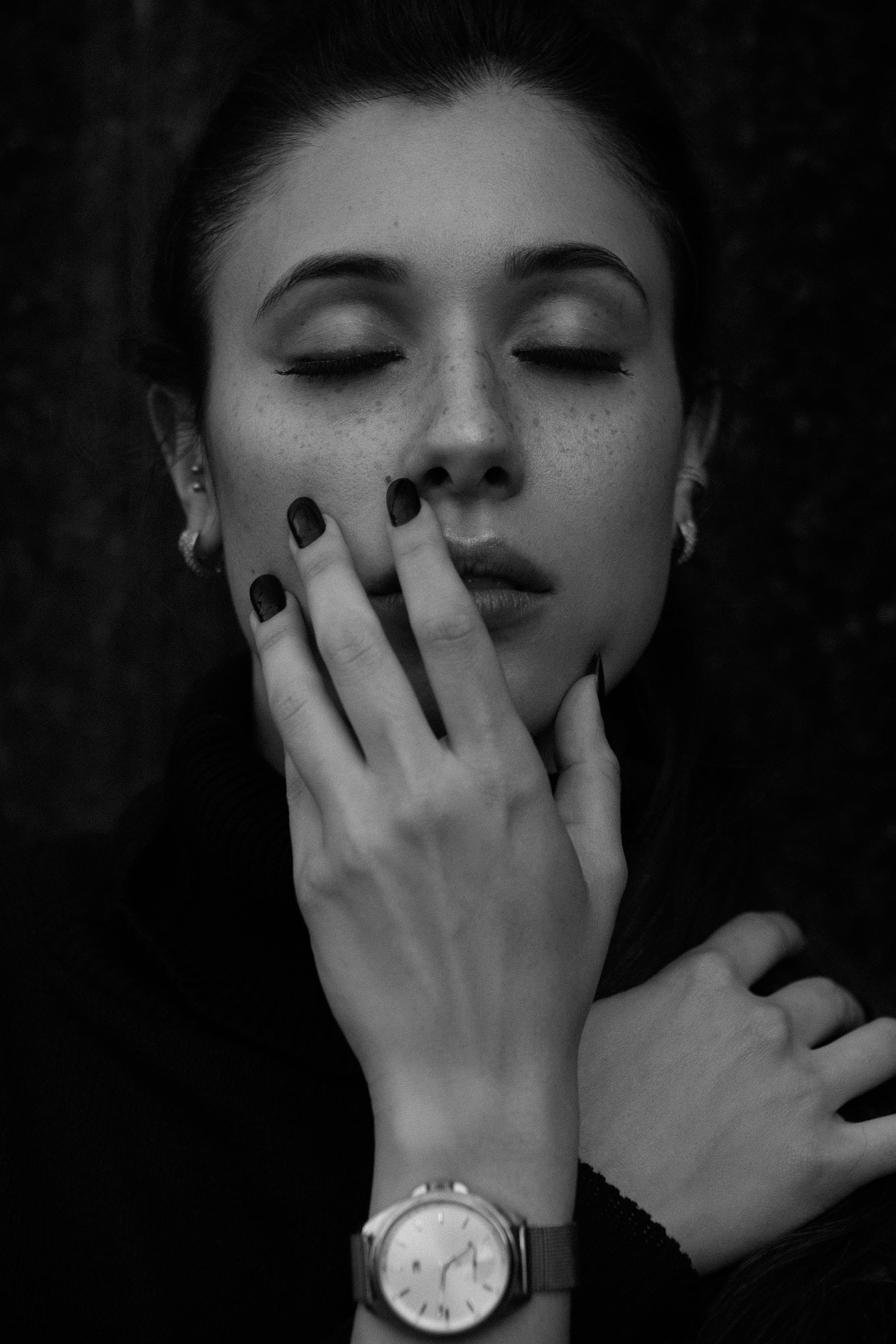 woman, closed eyes, dark nail polish, 2K Phone Wallpaper