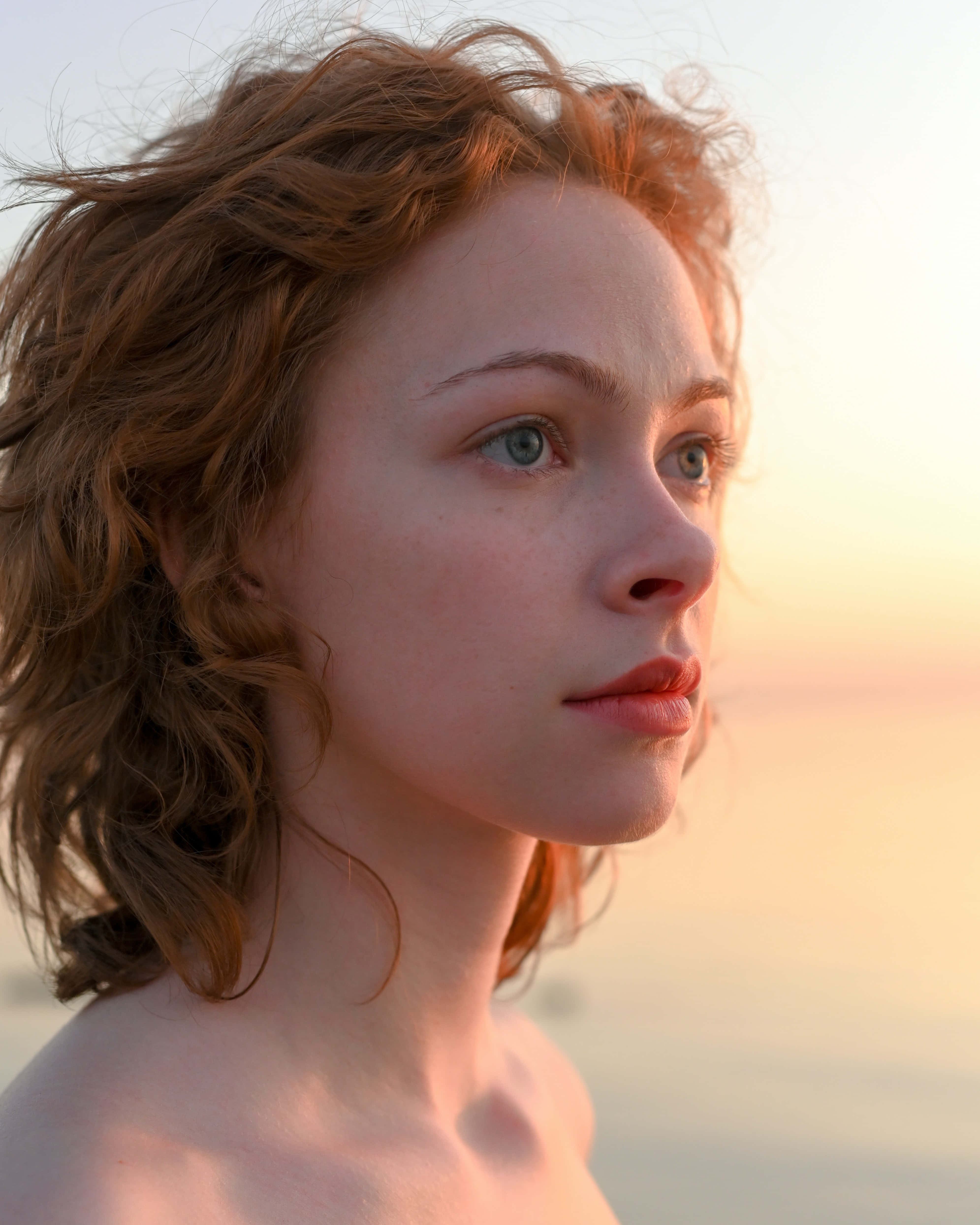 Girl Under Sunset Sky Face Reference, sunset, calm ocean horizon, 4K Phone Wallpaper