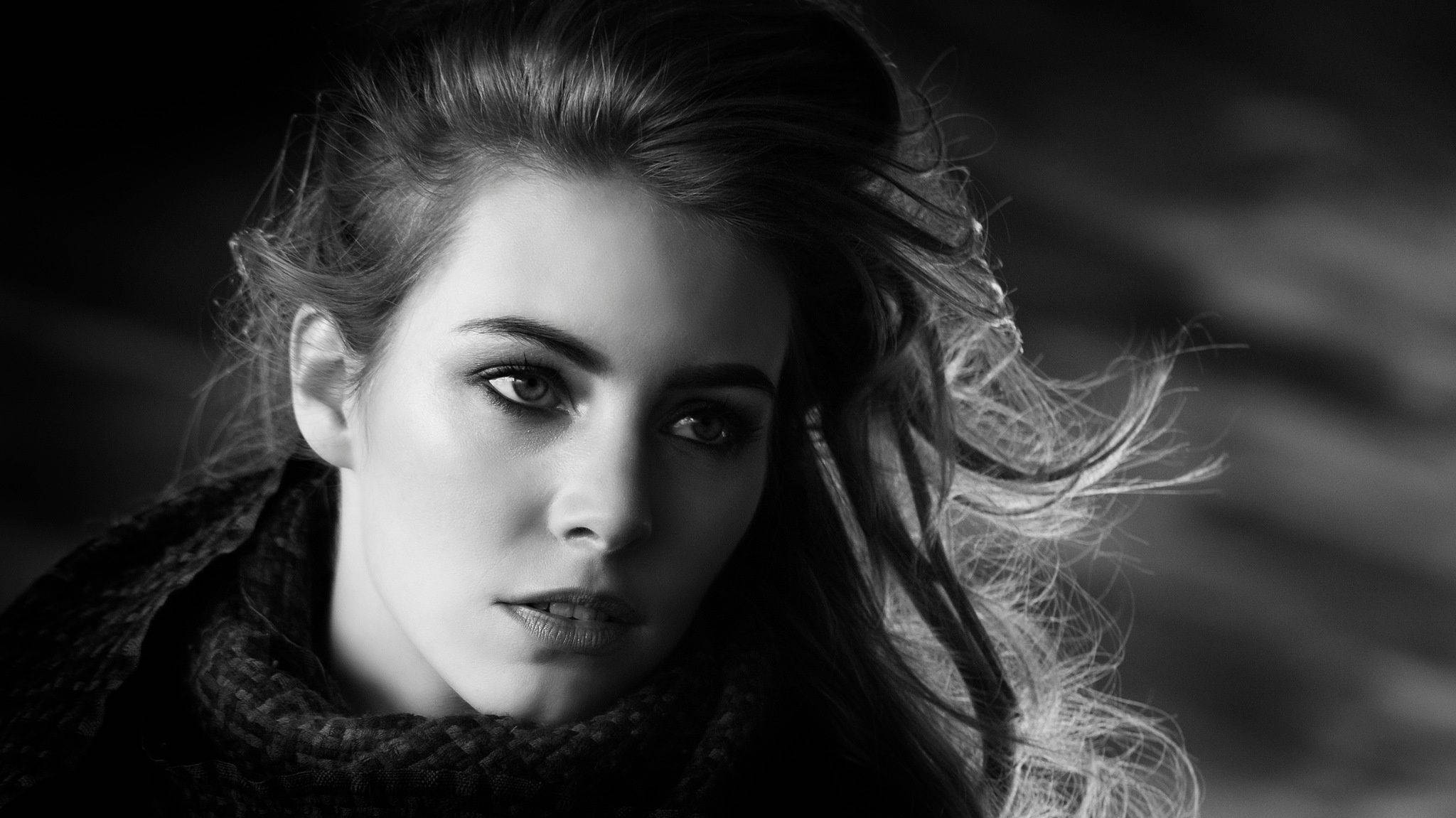 monochrome, woman face, black and white portrait, Full HD Desktop Wallpaper