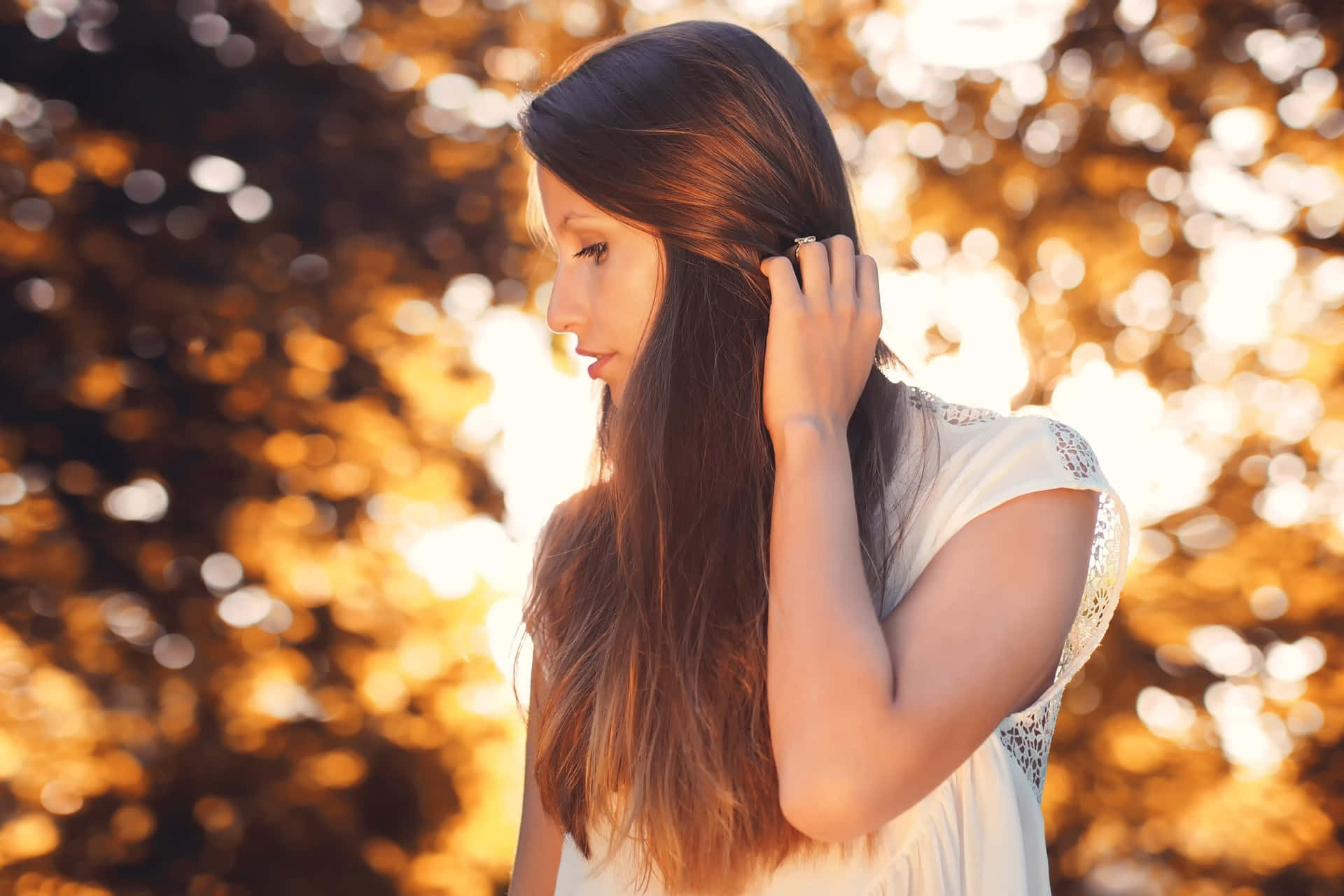 woman side profile, autumn trees, white dress, Full HD Desktop Wallpaper