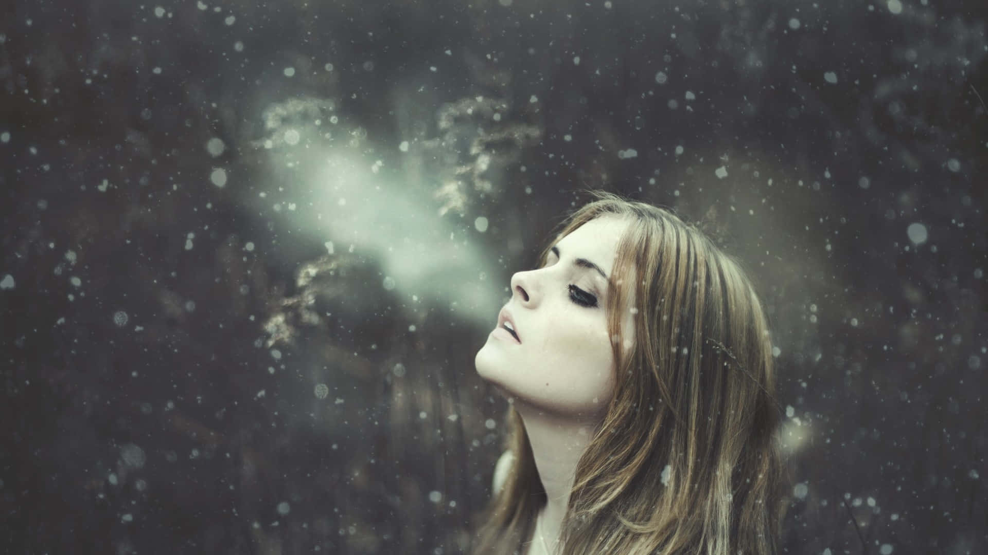 Woman Profile, cold breath, snowy forest, Full HD Desktop Wallpaper