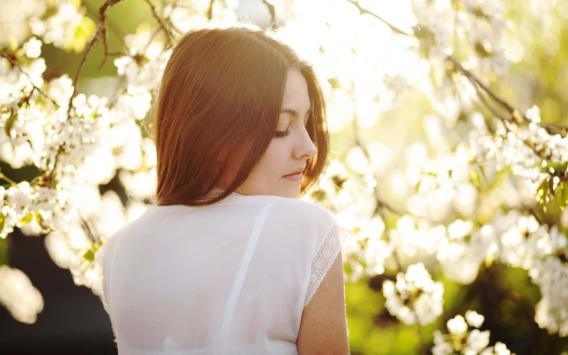woman profile, white magnolias, glowing white cherry blossoms, Full HD Desktop Wallpaper