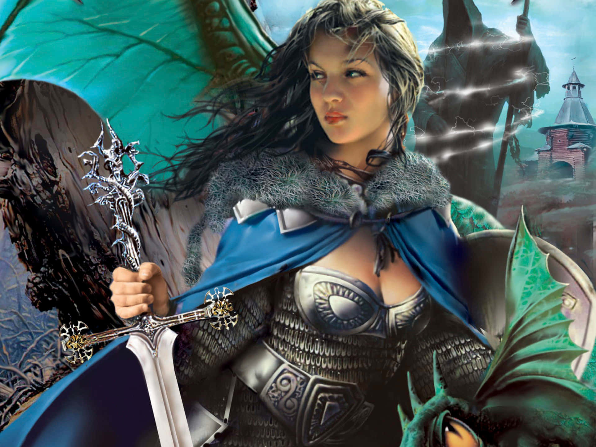 fantasy woman warrior, dragon wings, ornate sword, Full HD Desktop Wallpaper