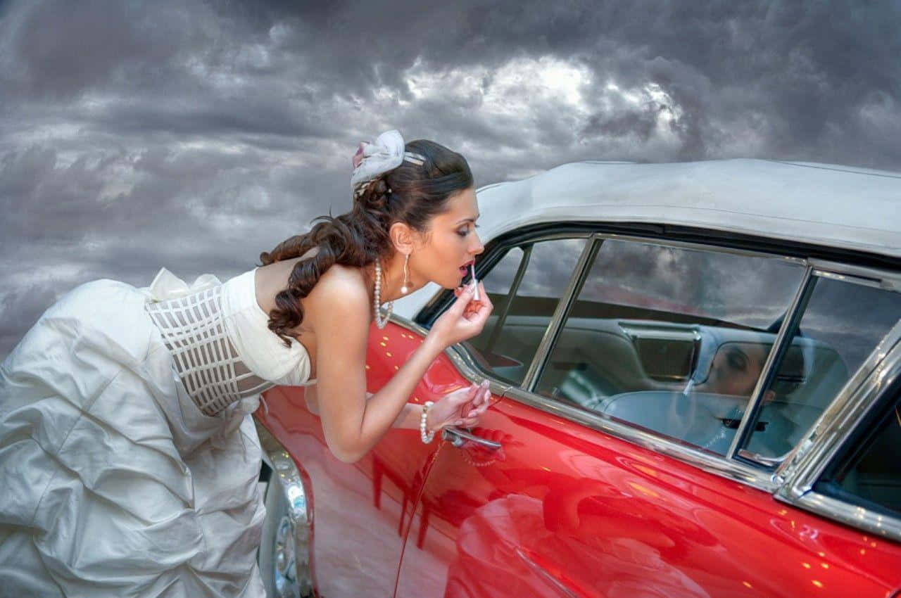 white gown, red vintage car, stormy sky, HD Desktop Wallpaper