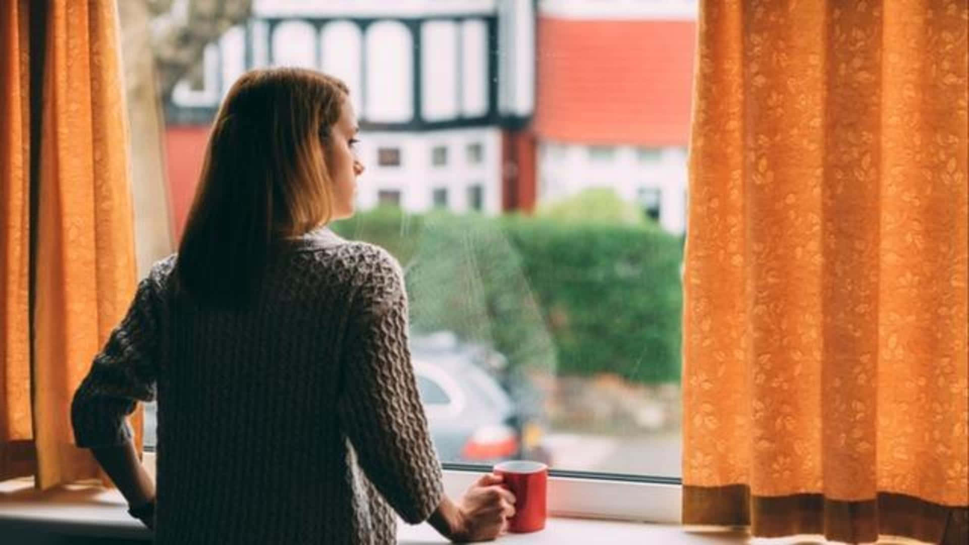 woman, knit sweater, orange curtains, Full HD Desktop Wallpaper
