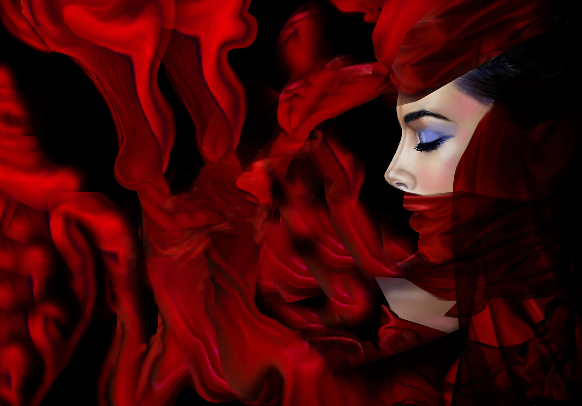 woman, red fabric, black void, Full HD Desktop Wallpaper