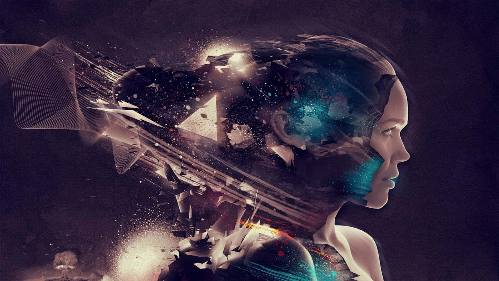 fantasy cyborg woman, cosmic particles, geometric shards, HD Desktop Wallpaper