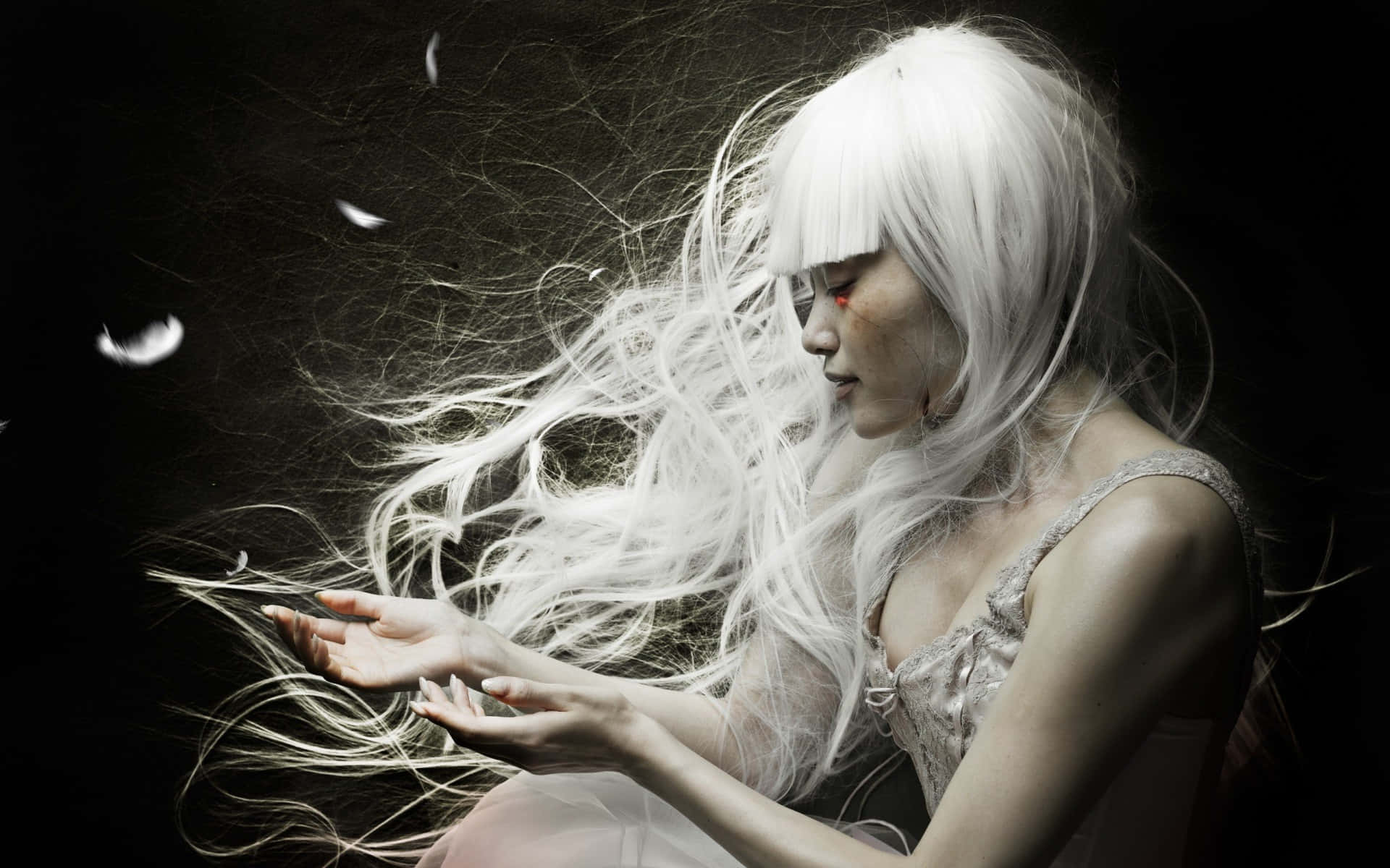 white haired mystical woman, red eye mark, falling feathers, Full HD Desktop Wallpaper