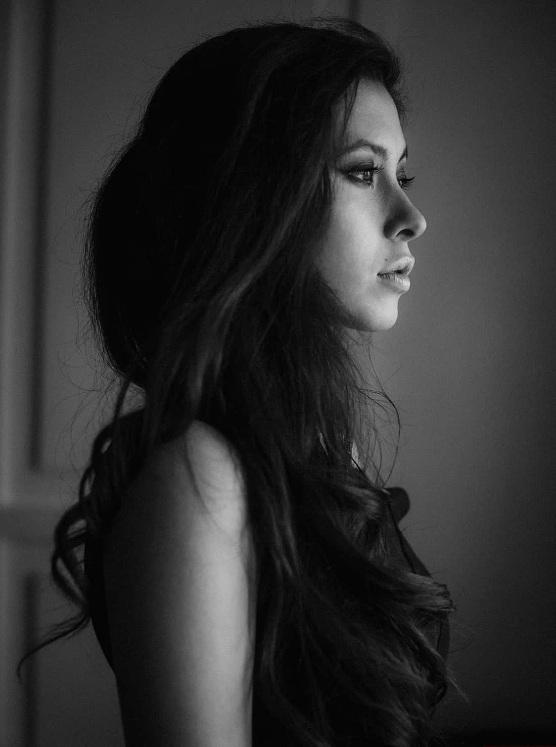 black and white, woman in profile, long dark hair, HD Phone Wallpaper