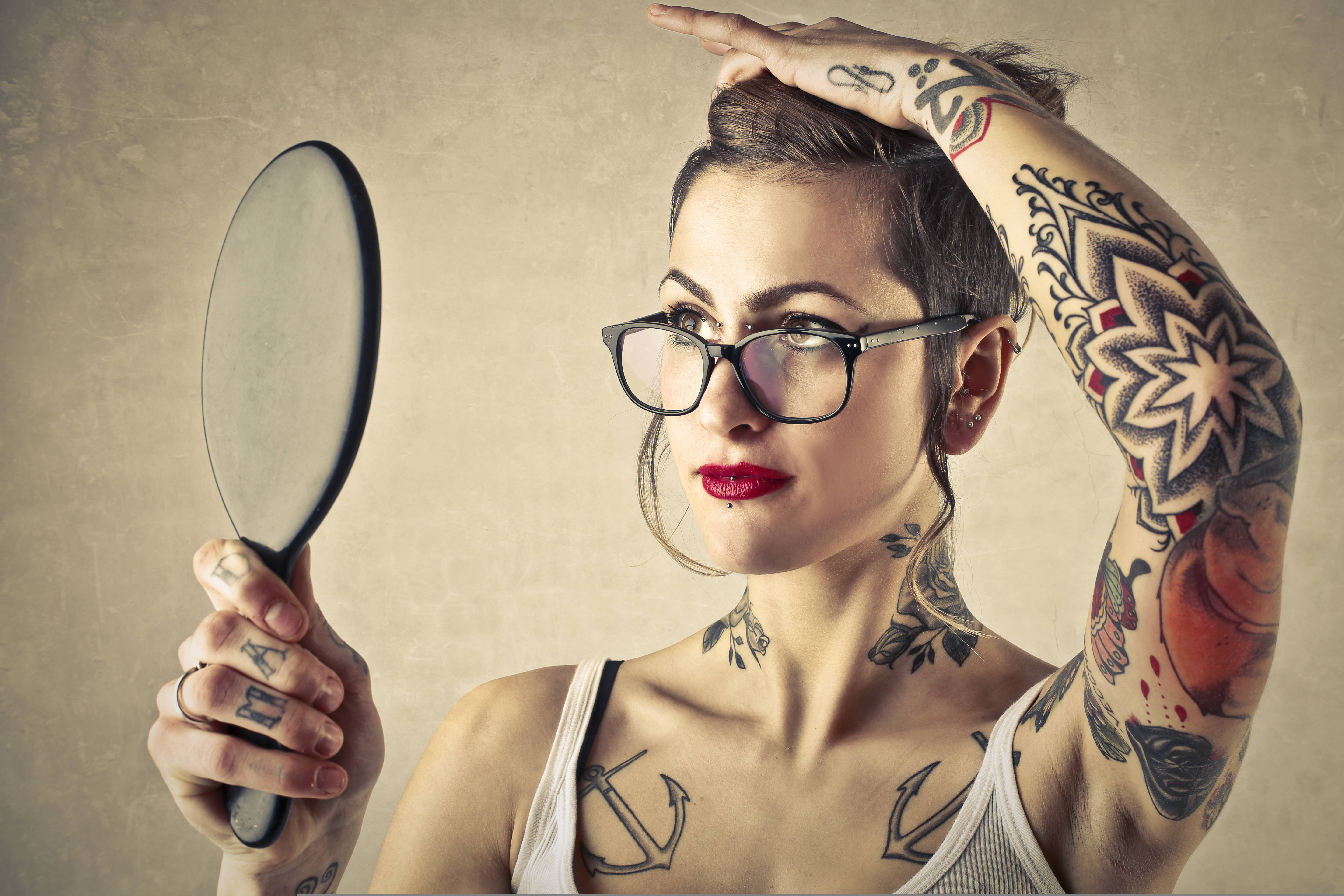 hand mirror, HD tattoo, tattooed woman, 5K Desktop Wallpaper