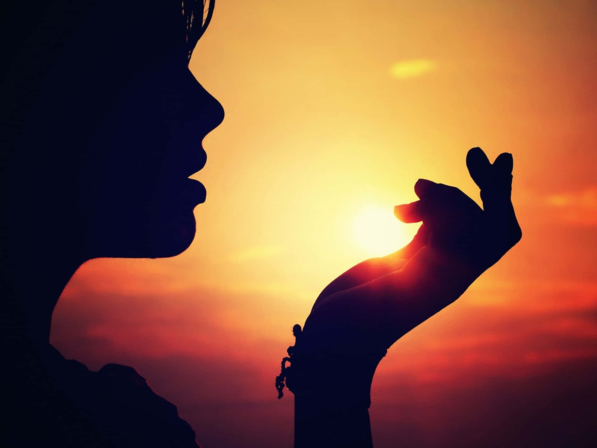 woman silhouette, profile, vibrant orange sunset sky, Full HD Desktop Wallpaper