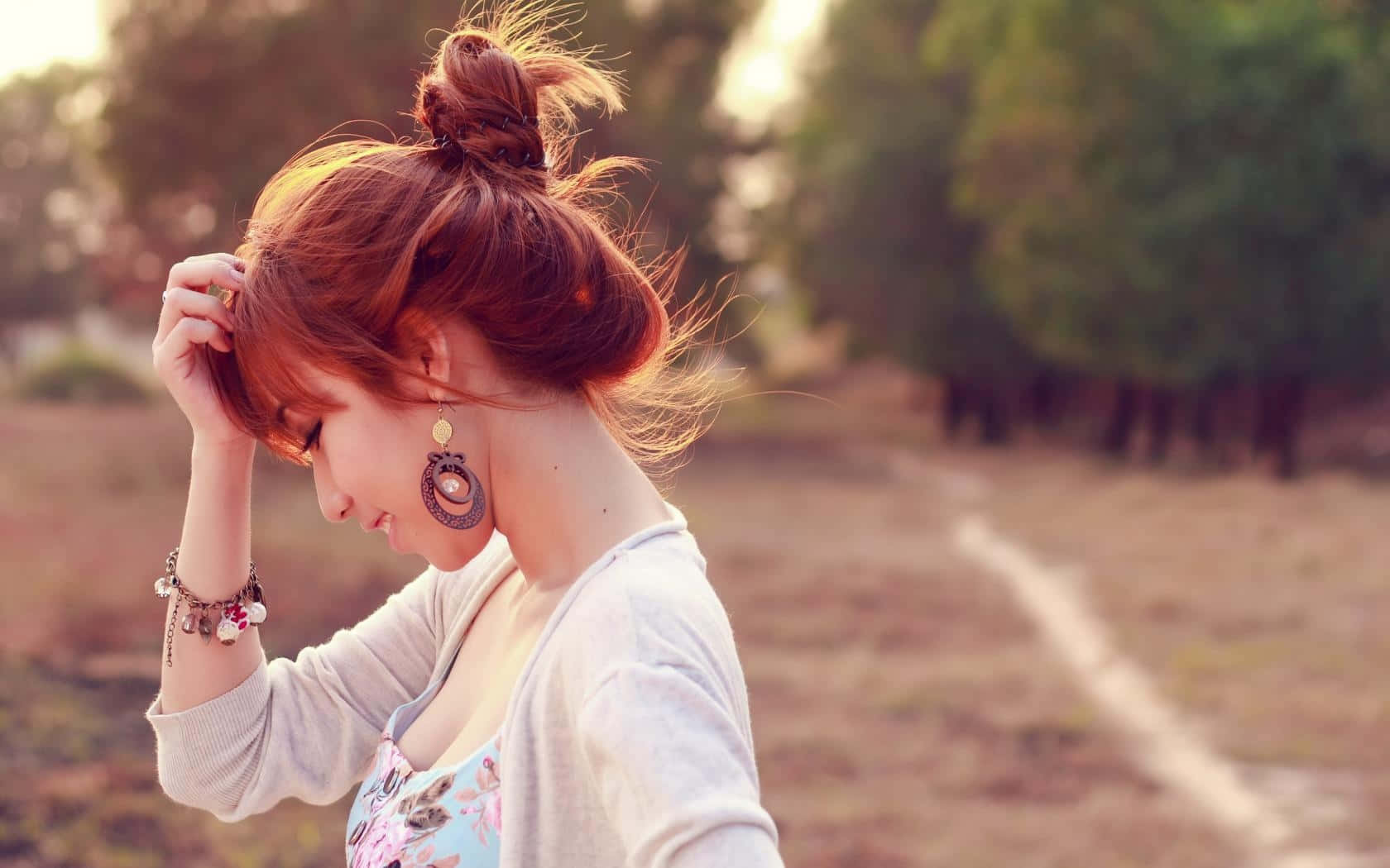 Asian woman, messy bun, red hair, HD Desktop Wallpaper