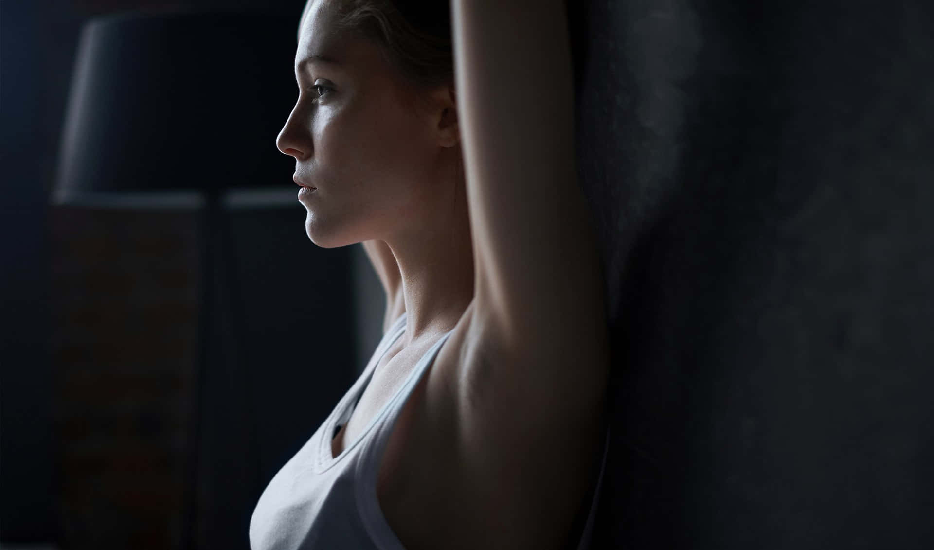 yoga woman profile, raised arms, white tank top, Full HD Desktop Wallpaper