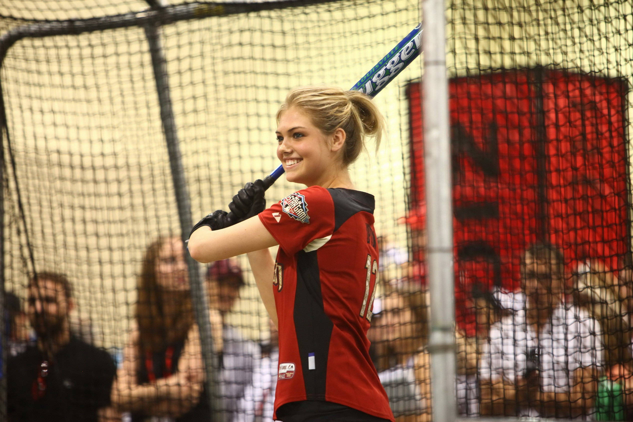 blonde woman, red and black baseball uniform, batting cage, Full HD Desktop Wallpaper