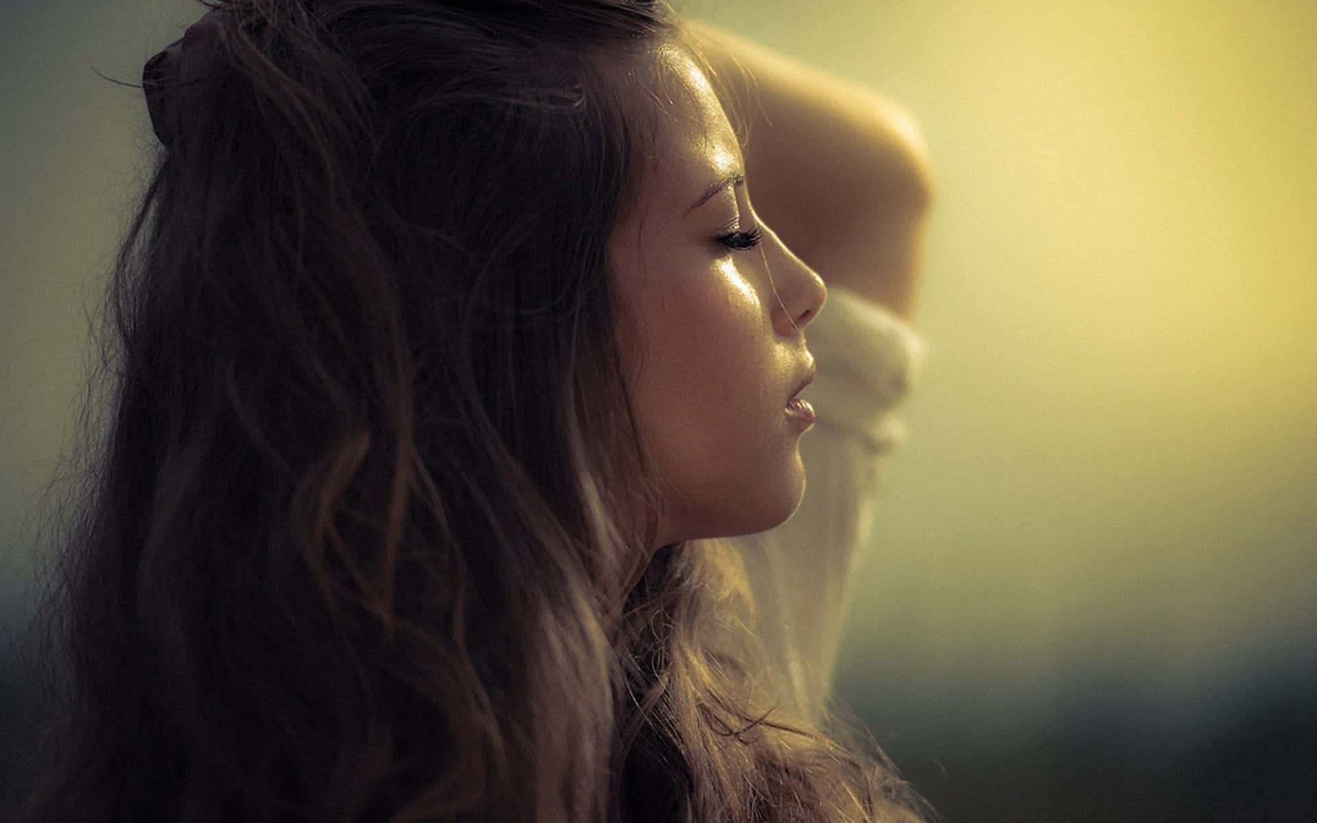 charismatic woman profile, long dark hair, warm golden light, Full HD Desktop Wallpaper
