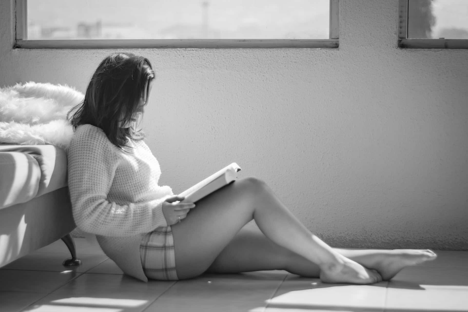 woman, book, tiled floor, Full HD Desktop Wallpaper