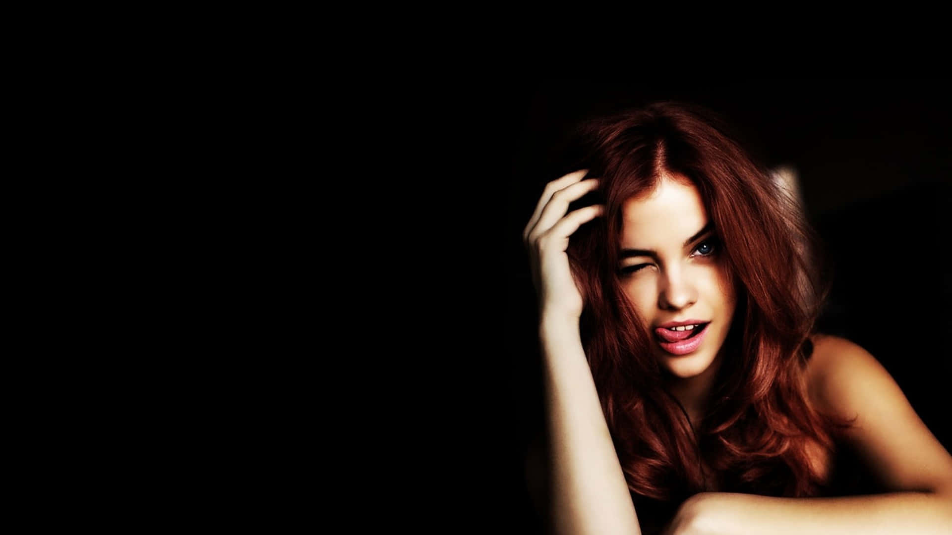 fiery red hair, intense gaze, dramatically lit, Full HD Desktop Wallpaper