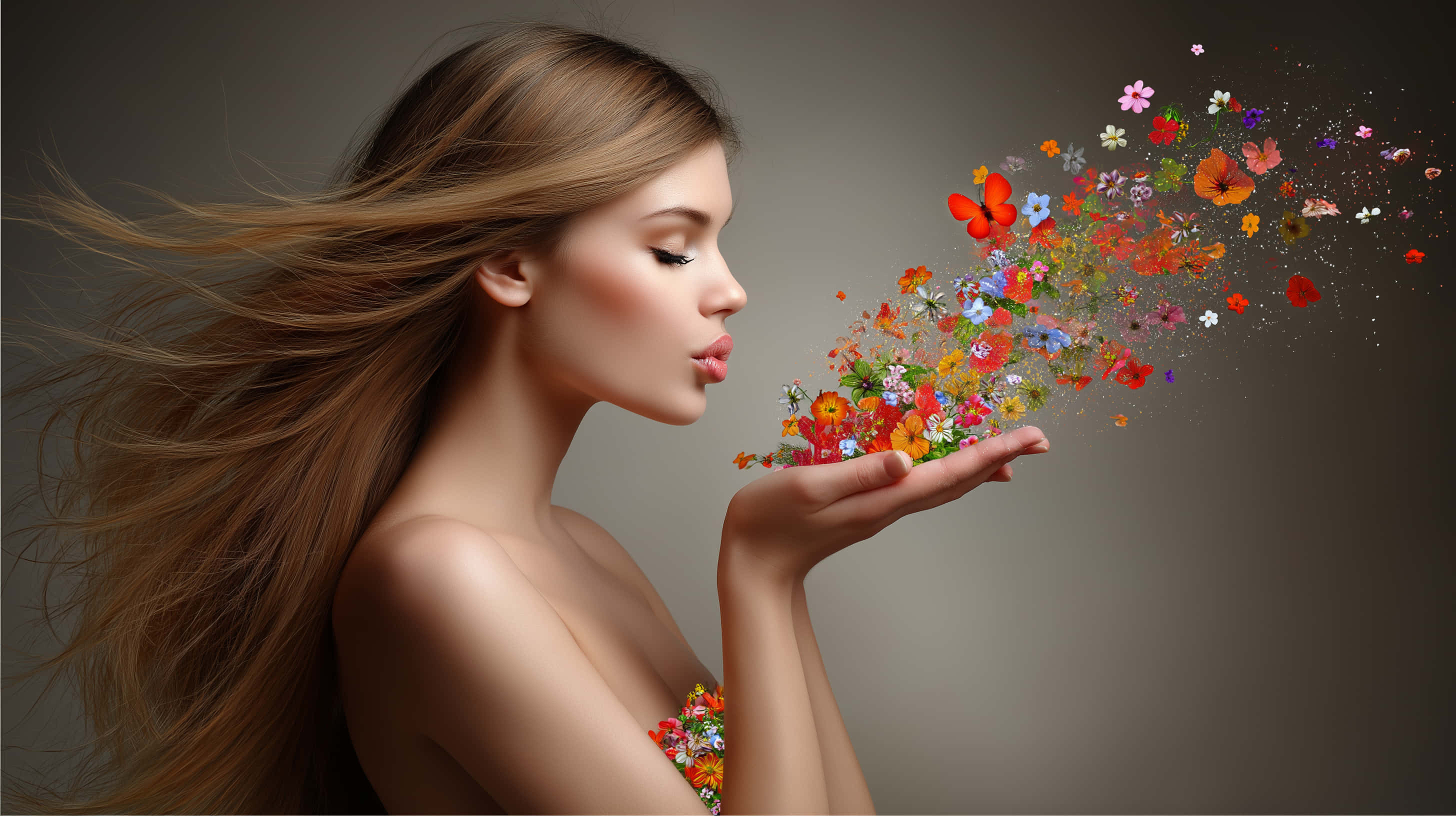 woman, vibrant multicolored flowers, butterflies, 2K Desktop Wallpaper