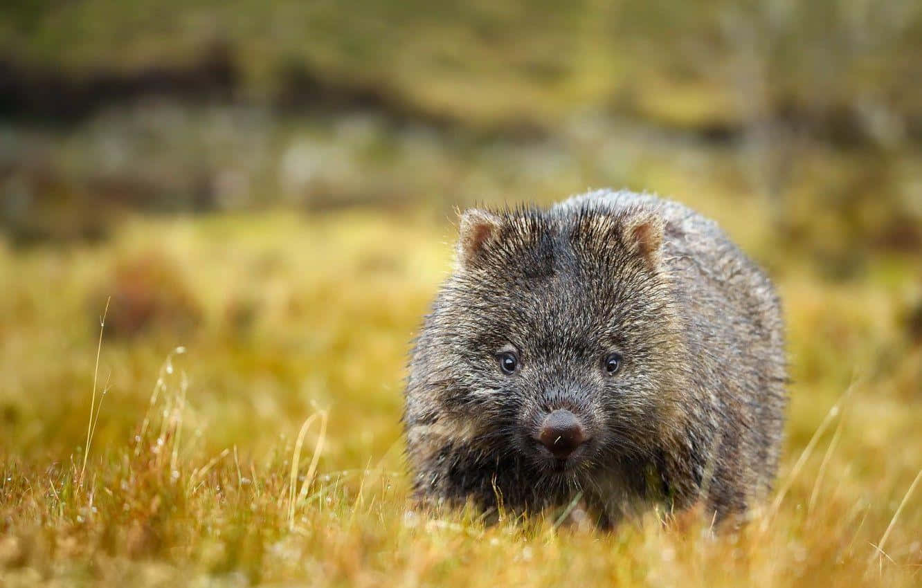 wombat, golden-brown grass, dark eyes, HD Desktop Wallpaper