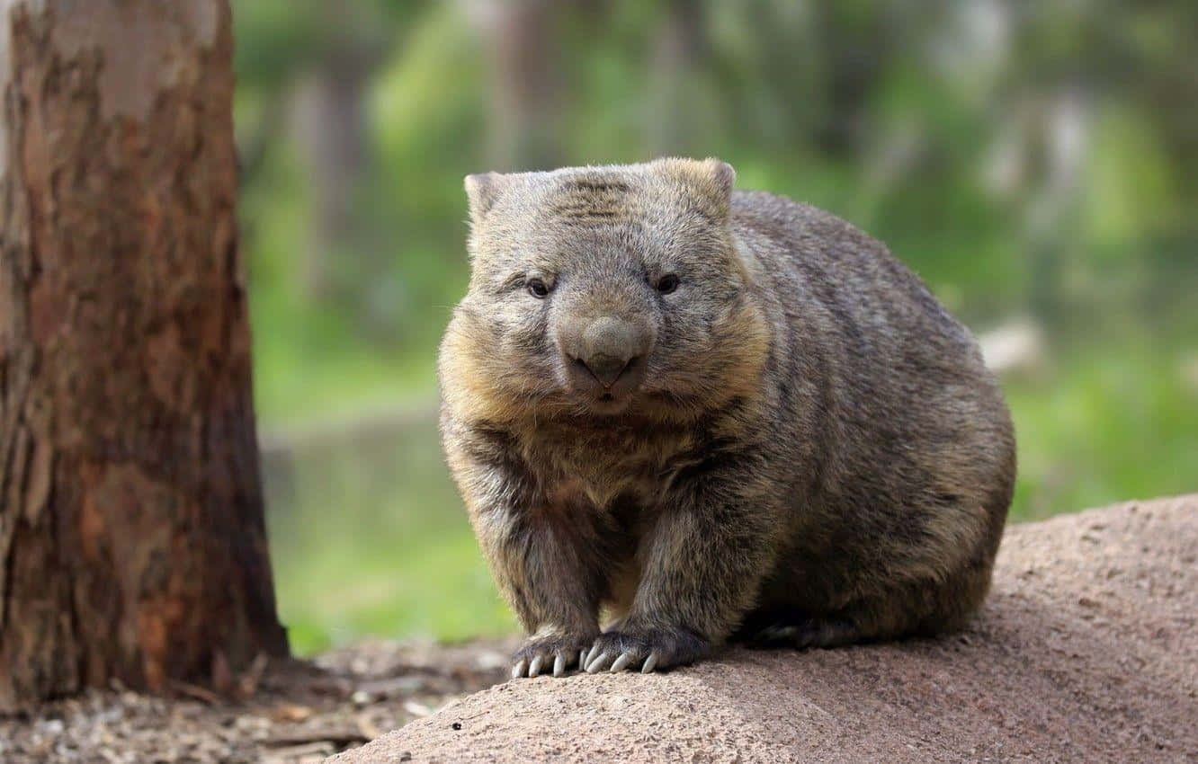 wombat, sunlit rock, tree trunk, HD Desktop Wallpaper