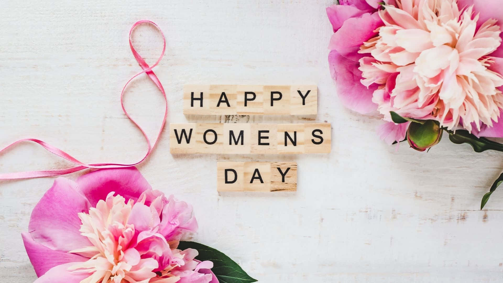 International Women's Day, pink peonies, pink ribbon, Full HD Desktop Wallpaper