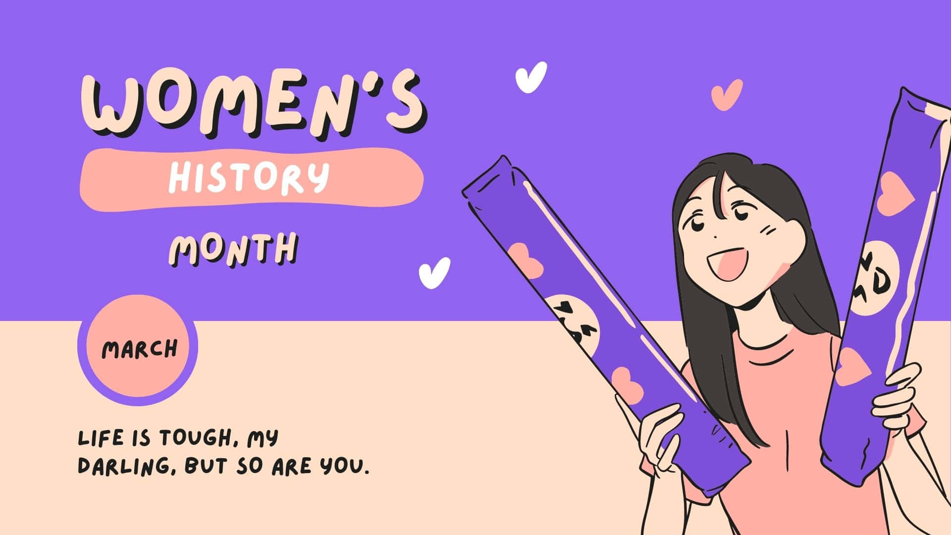 Women's History Month, purple heart-patterned banners, purple and peach background, Full HD Desktop Wallpaper