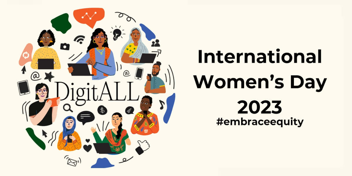 International Women's Day 2023, DigitALL, illustrated circle of diverse women, SD Desktop Wallpaper