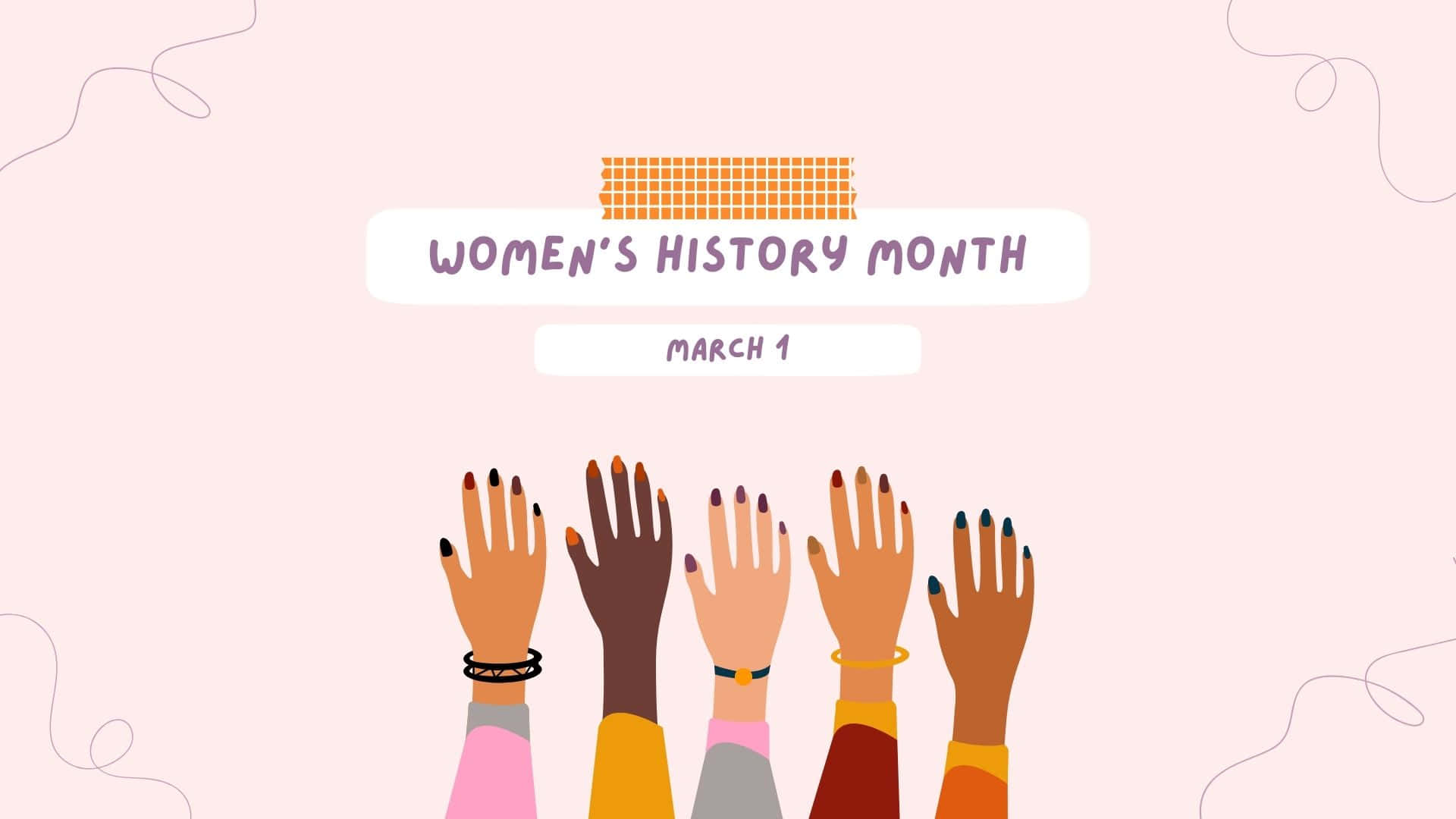 Women's History Month, soft pink background, five diverse hands, Full HD Desktop Wallpaper