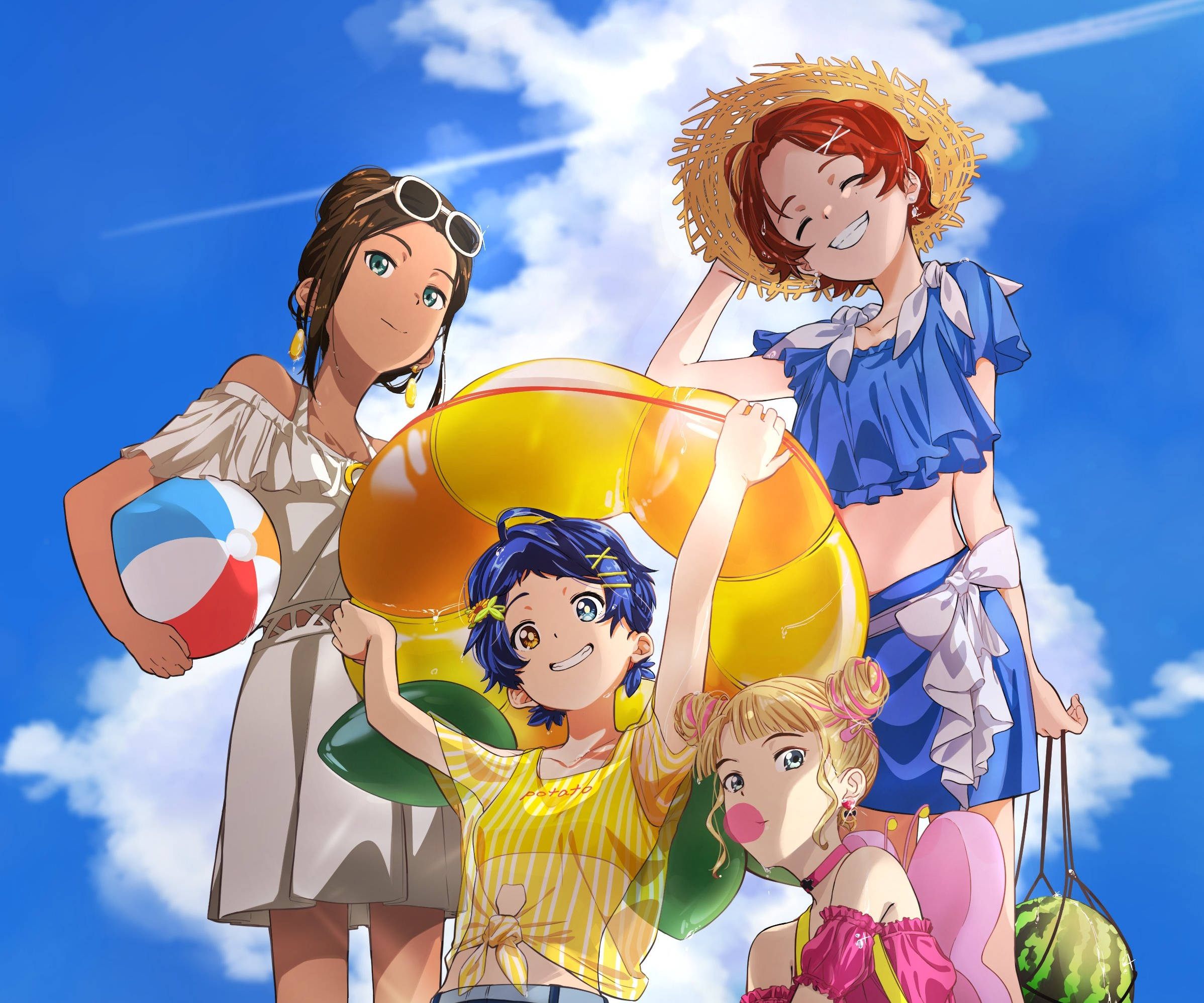 Wonder Egg Priority, beach outfits, summer outfits, Full HD Desktop Wallpaper