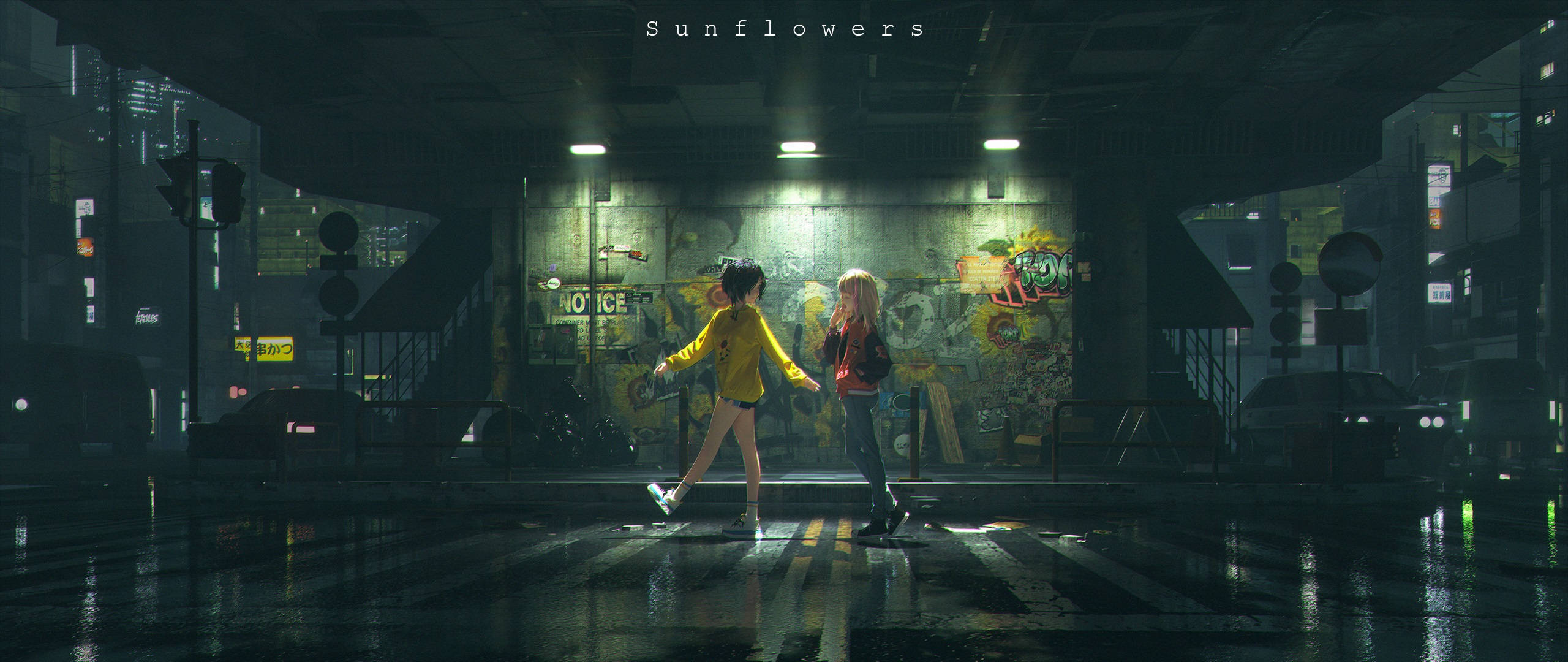 Wonder Egg Priority, rainy underpass, neon lights, 2K Desktop Wallpaper