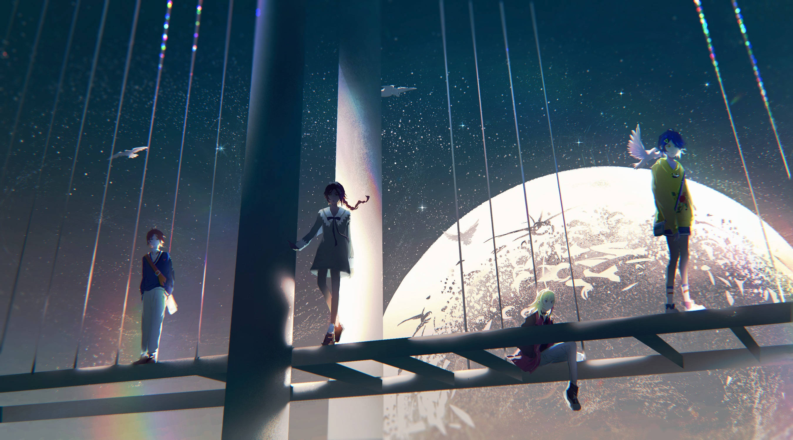 Wonder Egg Priority, suspended bridge, starry night sky, 2K Desktop Wallpaper