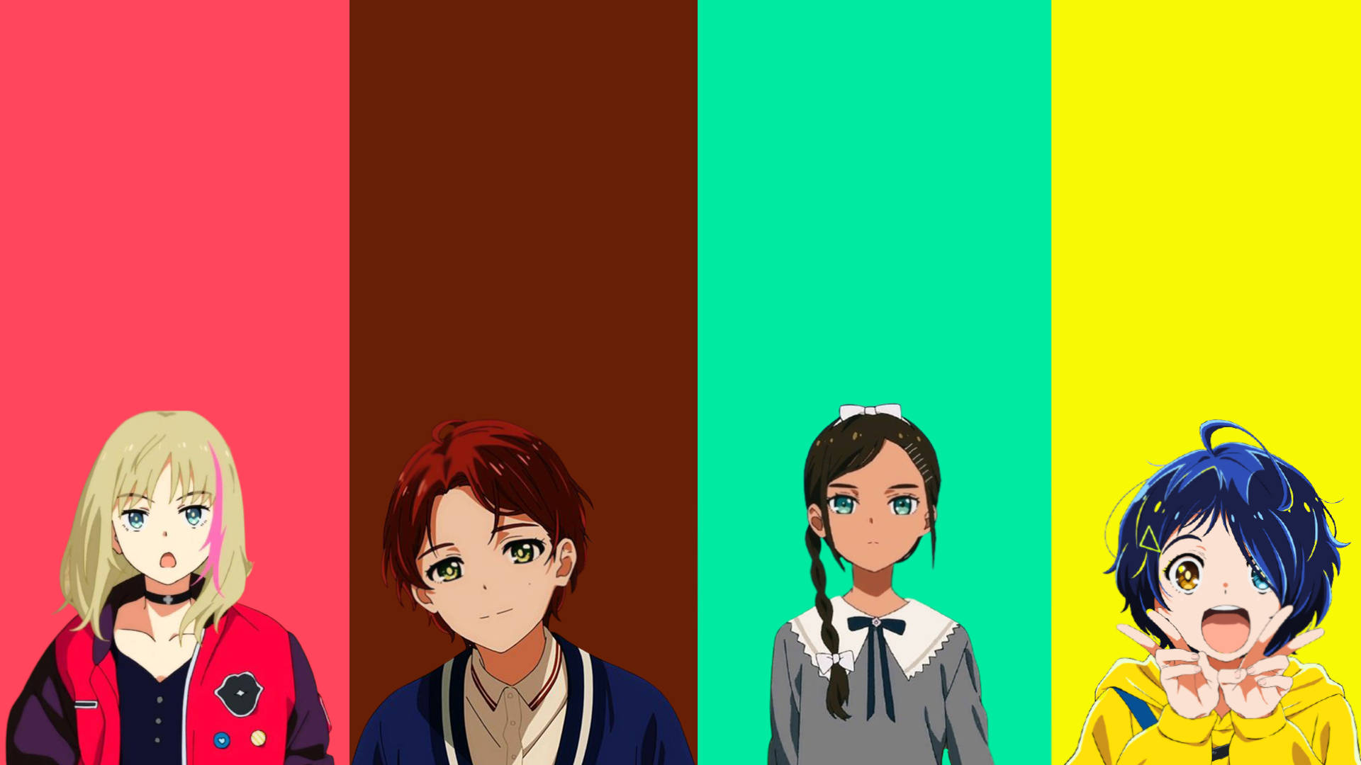 Wonder Egg Priority, main characters, vertical stripes, Full HD Desktop Wallpaper