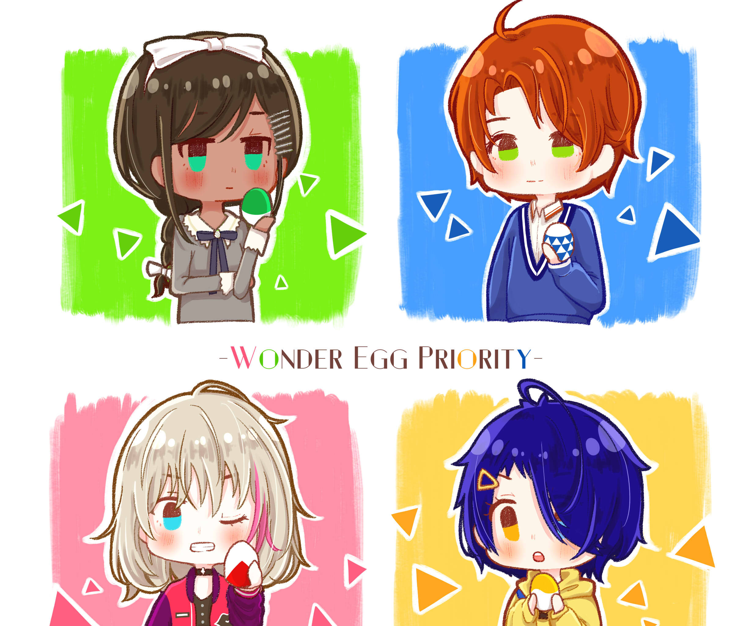 Wonder Egg Priority, chibi anime characters, egg, Full HD Desktop Wallpaper