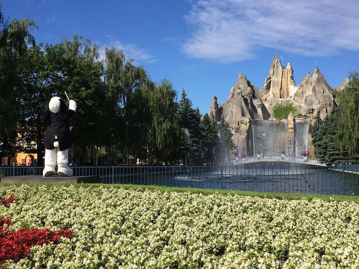 mascot, giant panda, rocky waterfall fountain, SD Desktop Wallpaper