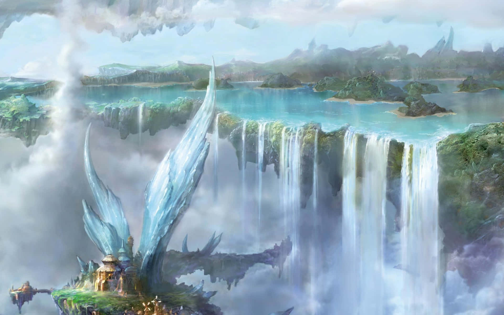 fantasy waterfall utopia, floating island, crystal wings, Full HD Desktop Wallpaper