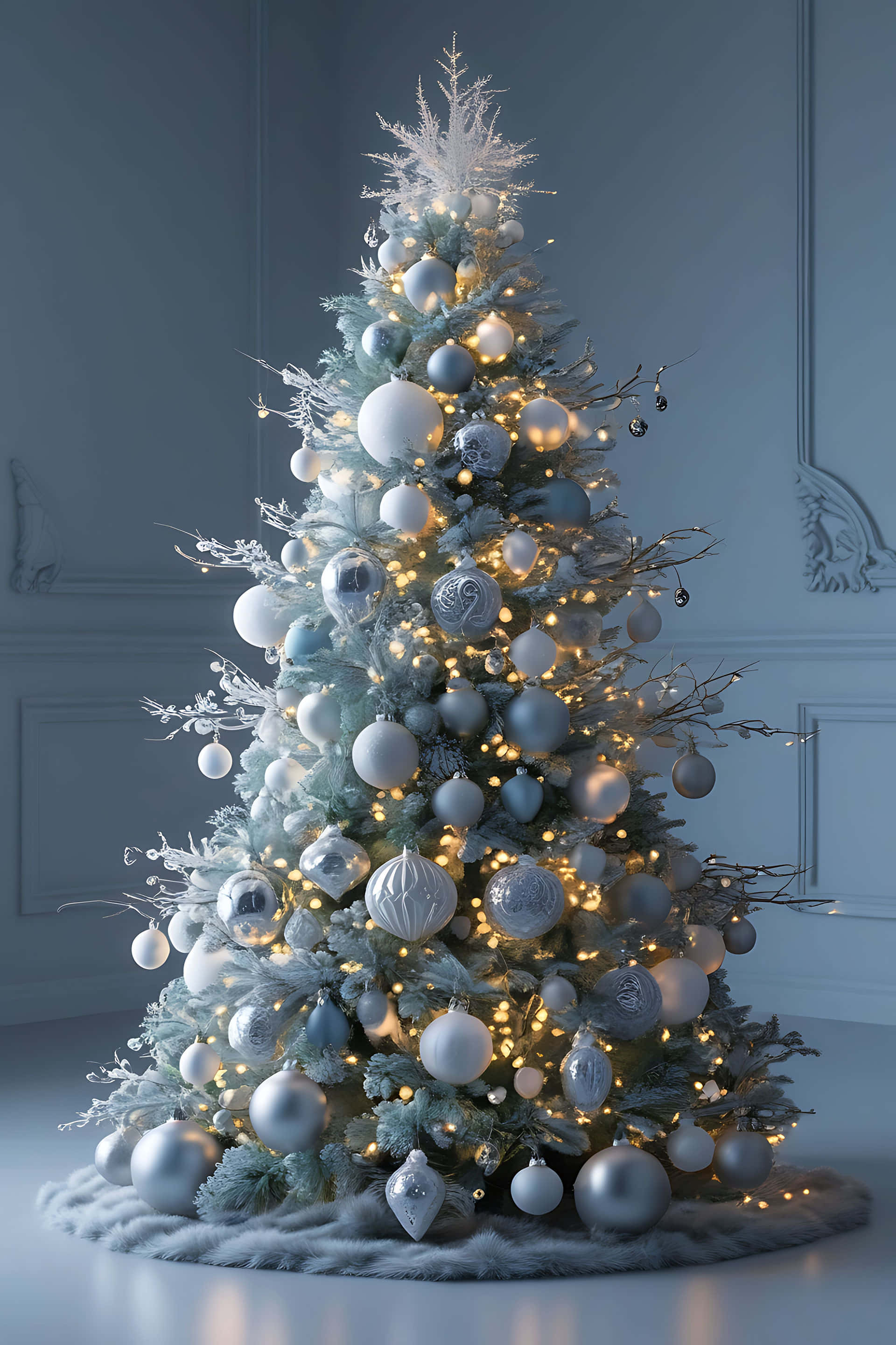 elegant winter wonderland christmas tree, flocked christmas tree, silver and white ornaments, 2K Phone Wallpaper