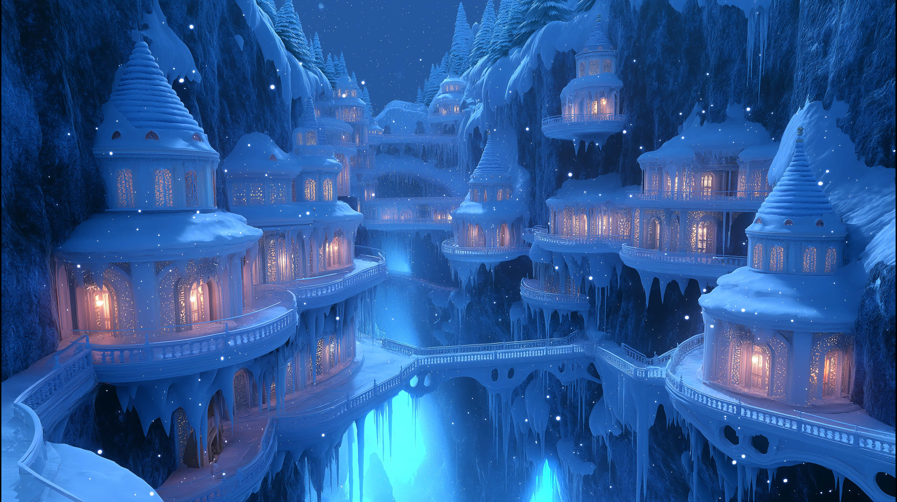 icy blue fantasy castle, frozen cliffs, glowing windows, 2K Desktop Wallpaper