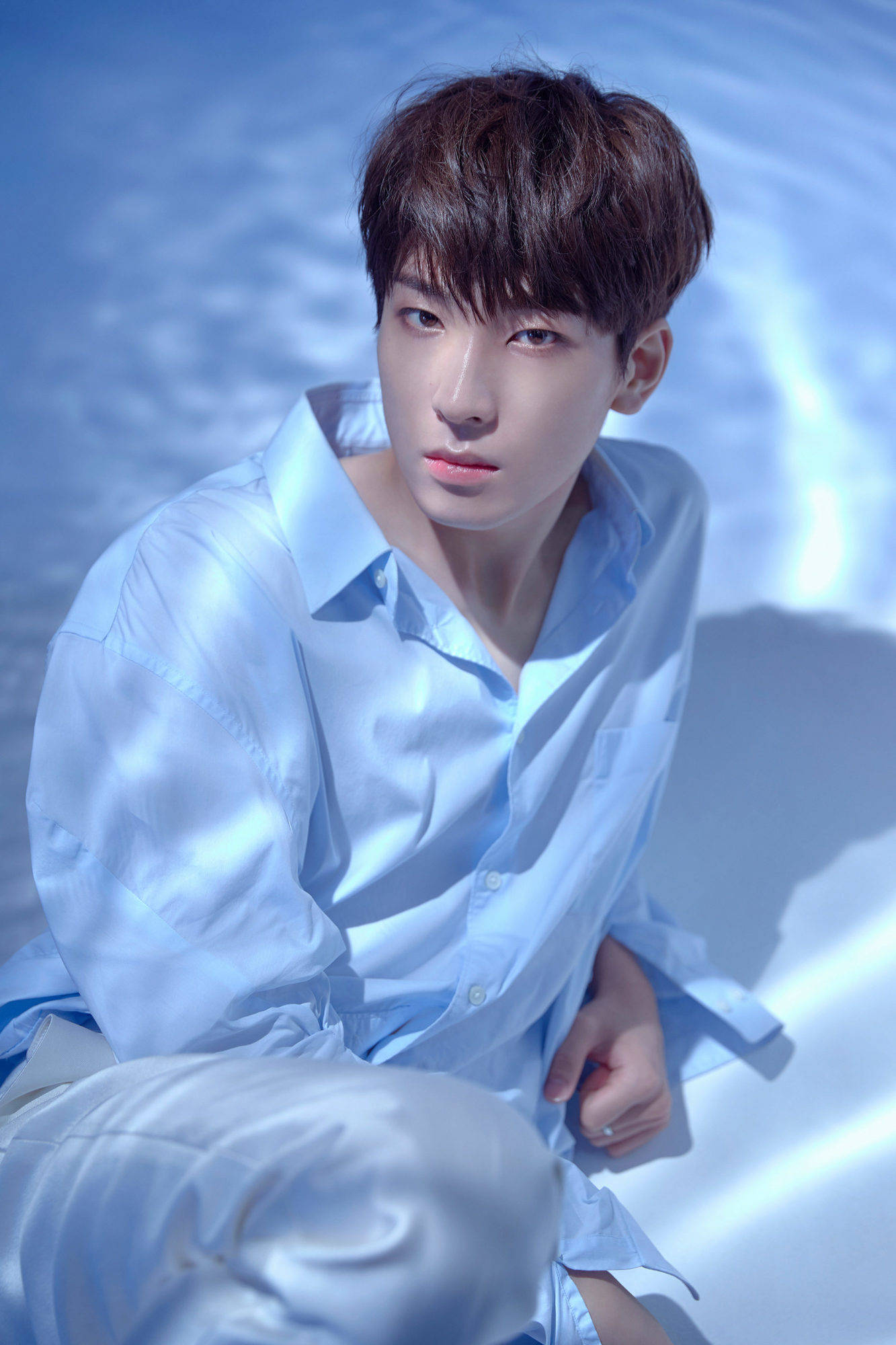 Wonwoo, light blue shirt, reflective surface, Full HD Phone Wallpaper