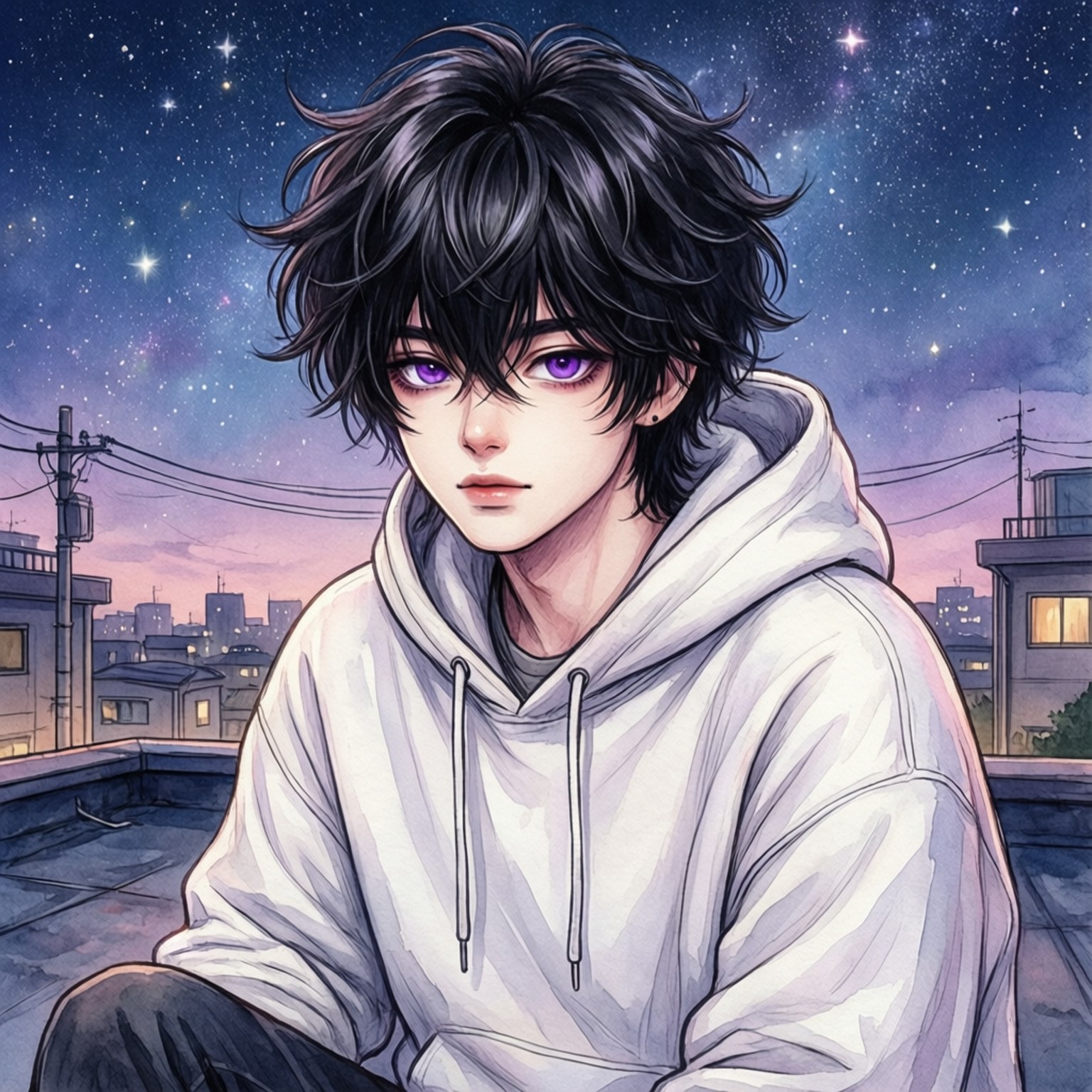 anime wonwoo, purple eyes, black hair, HD Desktop Wallpaper