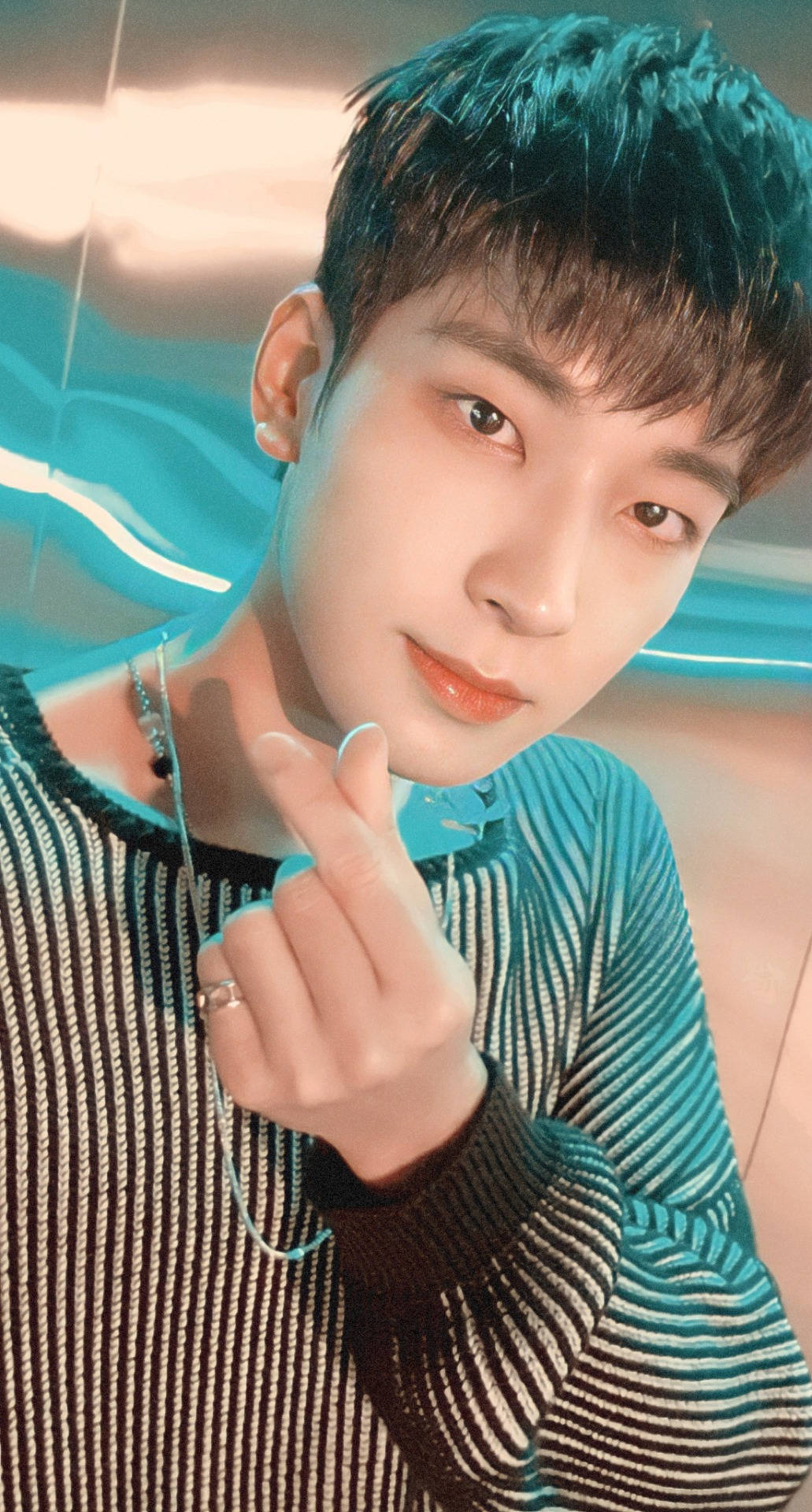 Wonwoo, teal hair, striped sweater, Full HD Phone Wallpaper