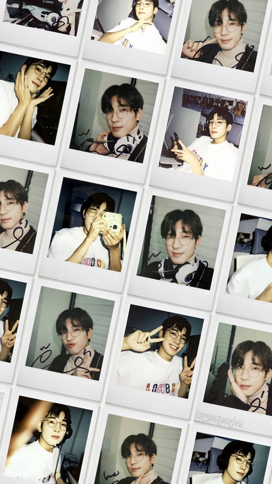 Wonwoo, Polaroid-style photos, young man with glasses, Full HD Phone Wallpaper