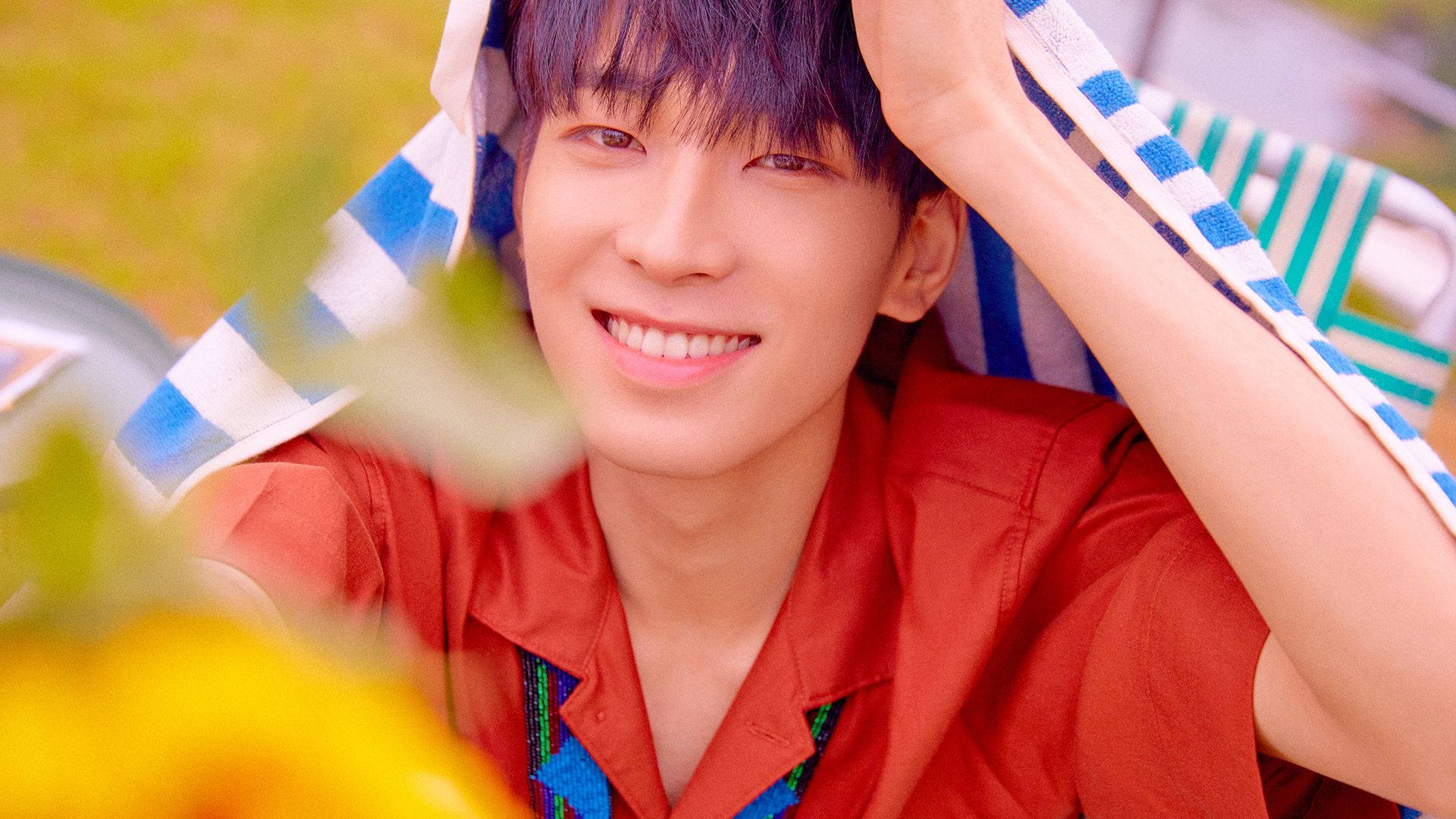 Wonwoo, purple hair, red shirt, Full HD Desktop Wallpaper