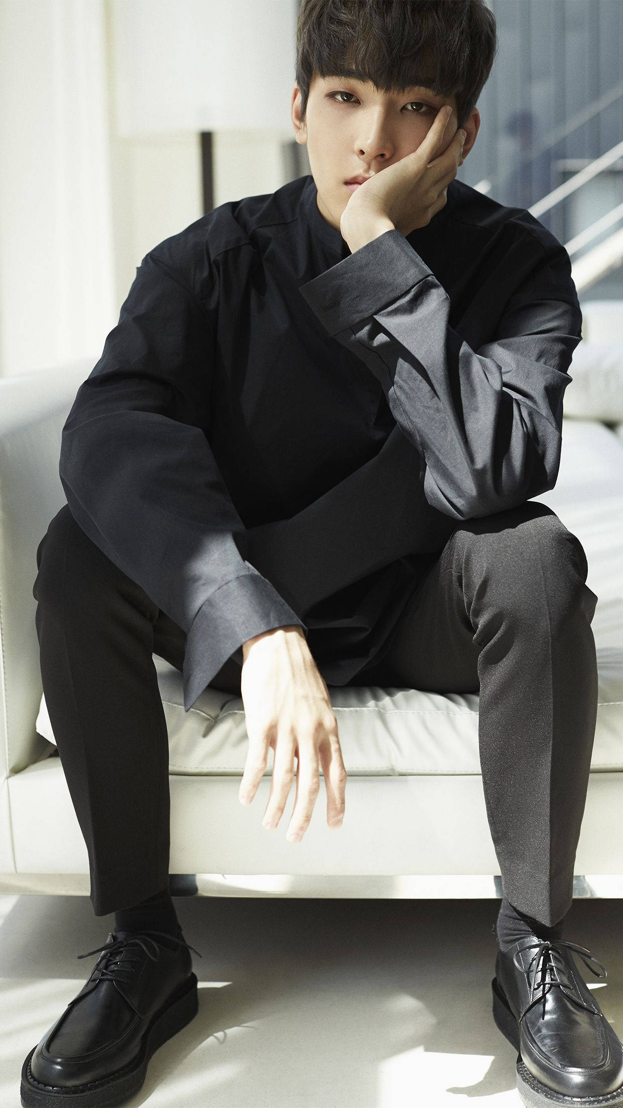 Wonwoo, black attire, white couch, Full HD Phone Wallpaper