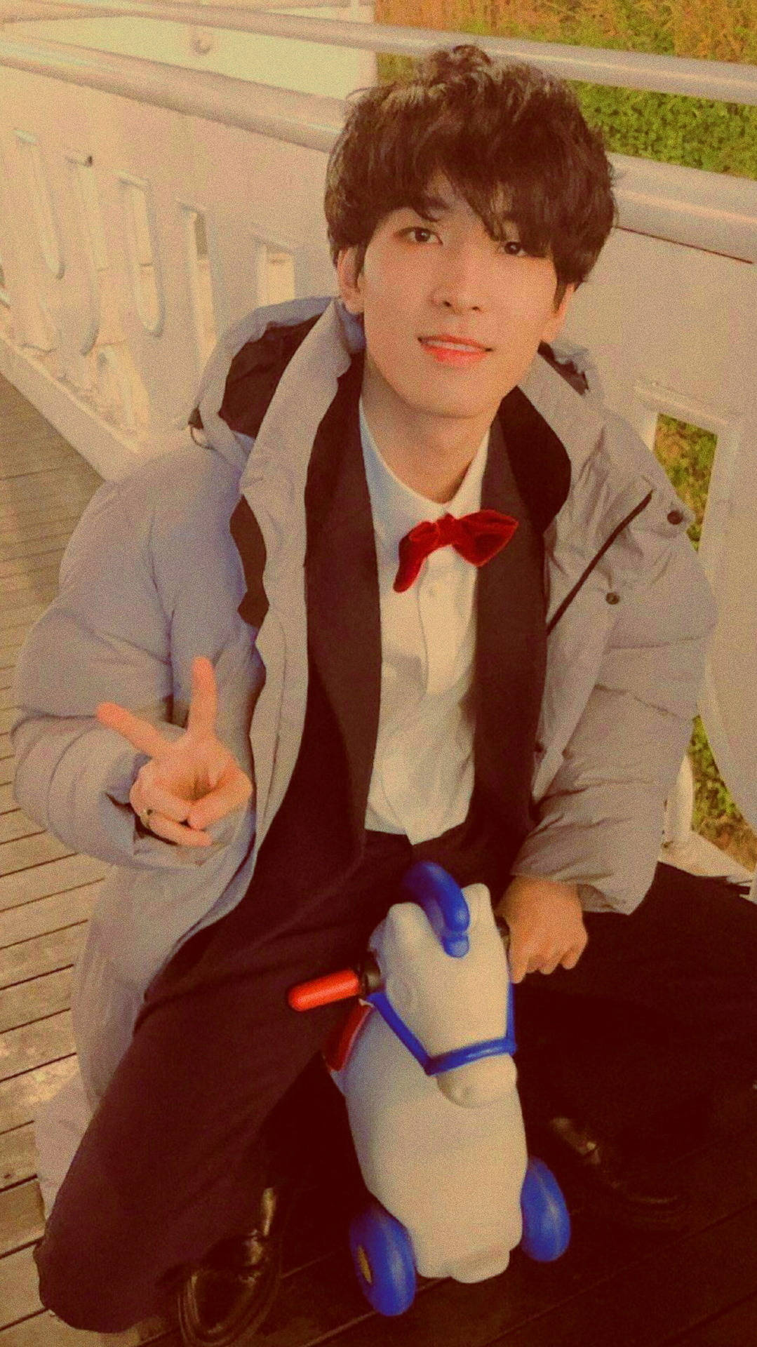 Wonwoo, rocking horse, wooden deck, Full HD Phone Wallpaper