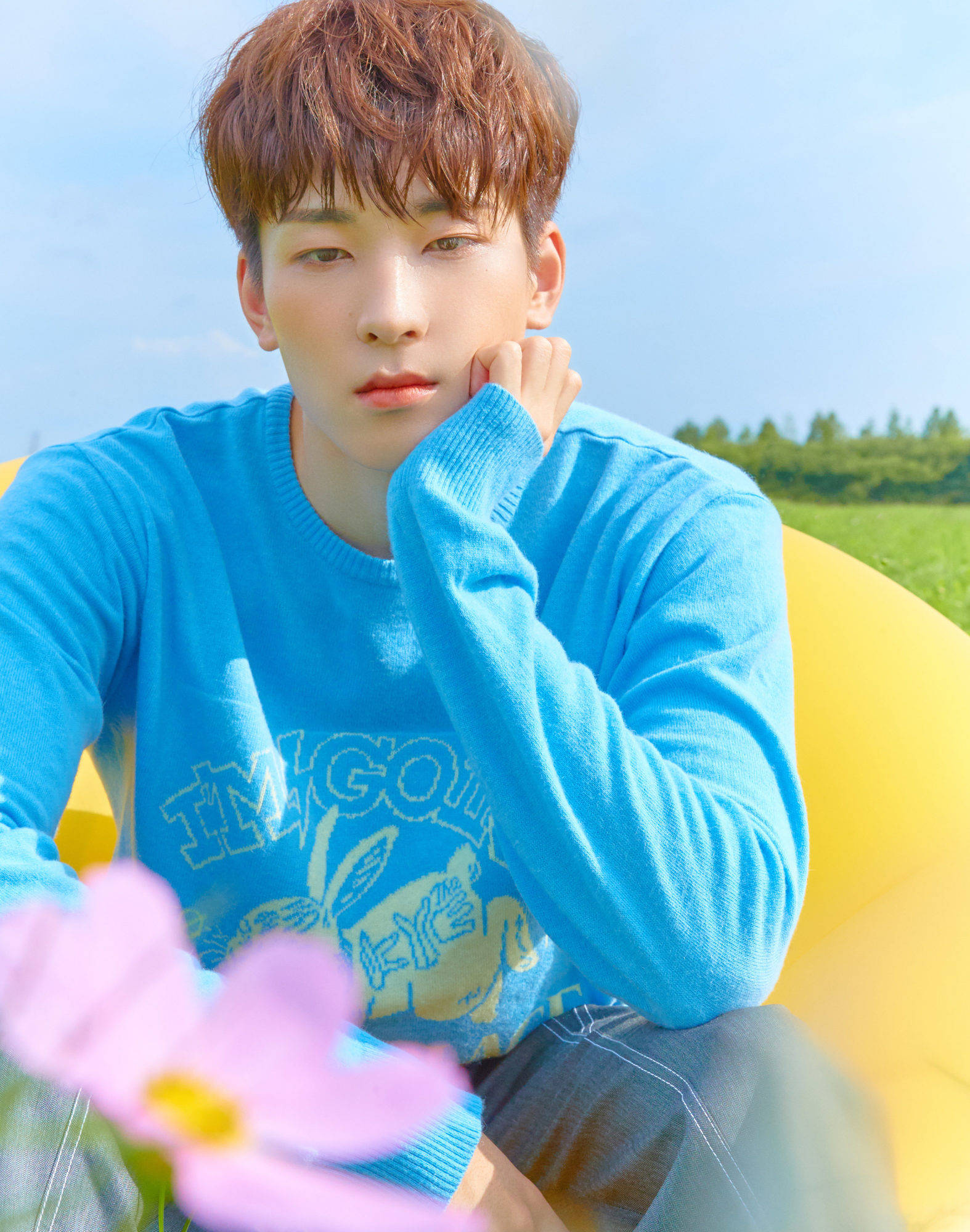 Wonwoo, bright blue sweater, yellow chair, Full HD Phone Wallpaper