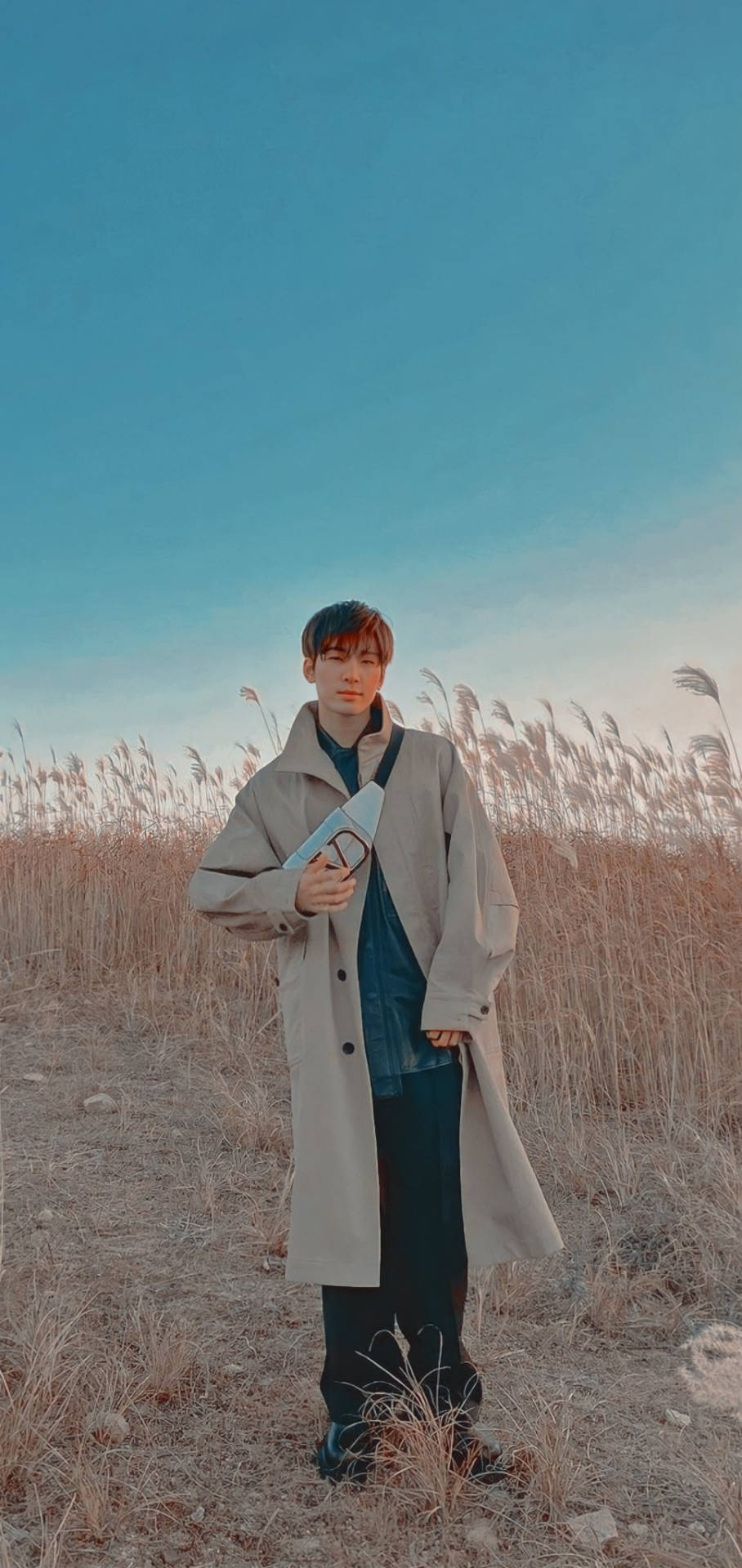 Wonwoo, beige trench coat, dry reeds, Full HD Phone Wallpaper
