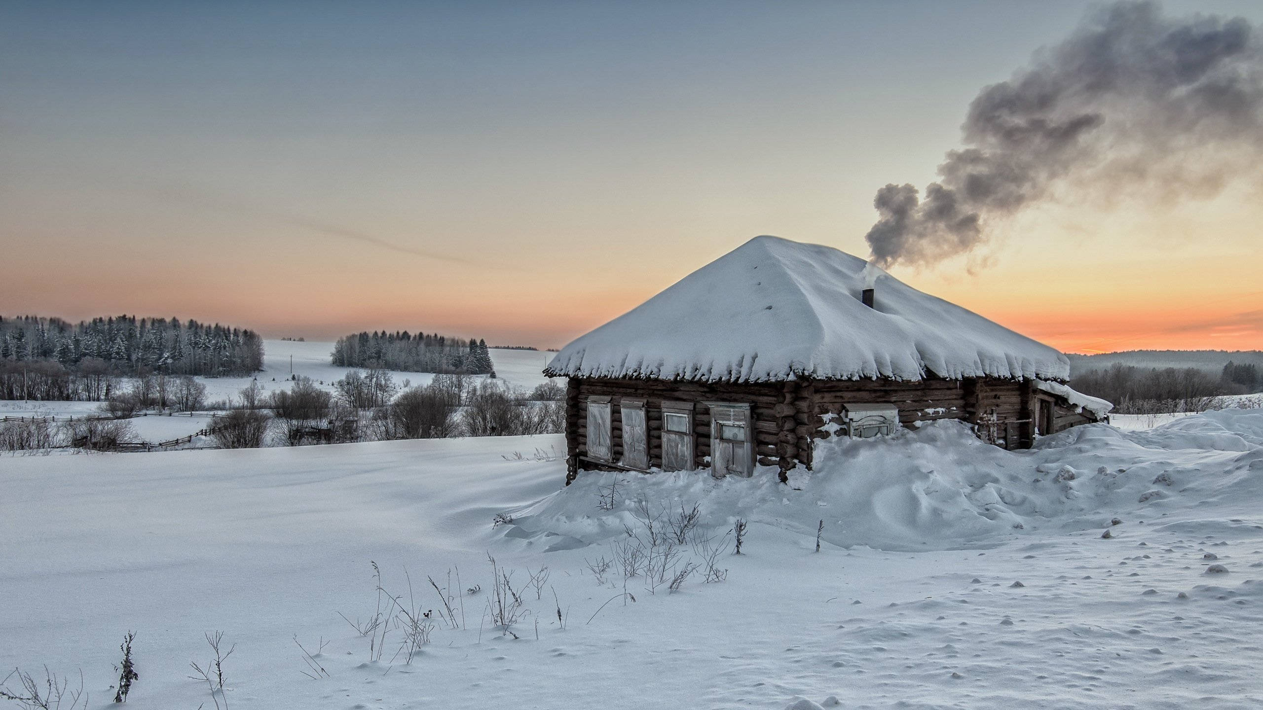 Wood House, snow-covered, wooden cabin, 2K Desktop Wallpaper