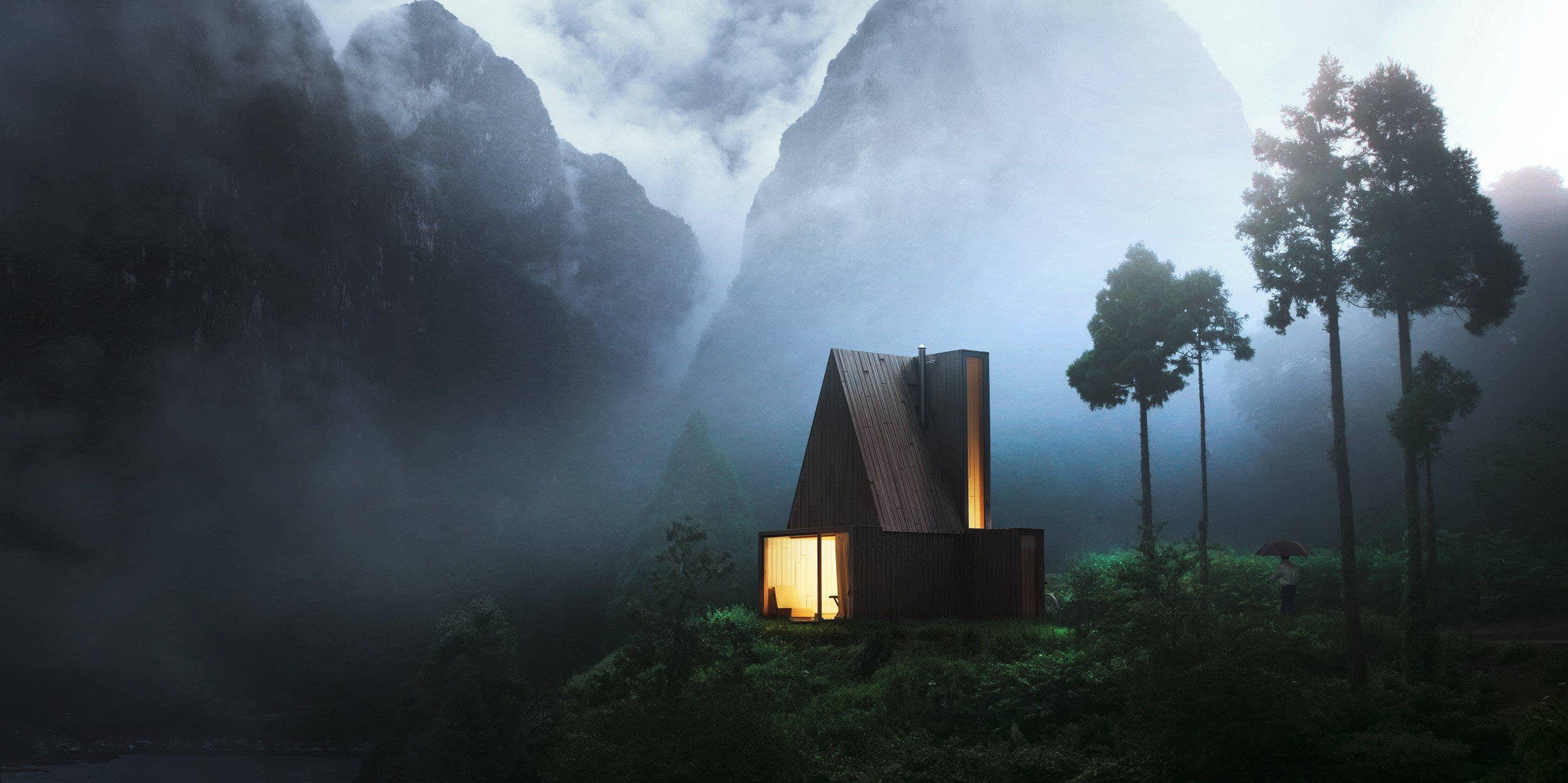 wooden cabin, foggy mountains, tall trees, Full HD Desktop Wallpaper