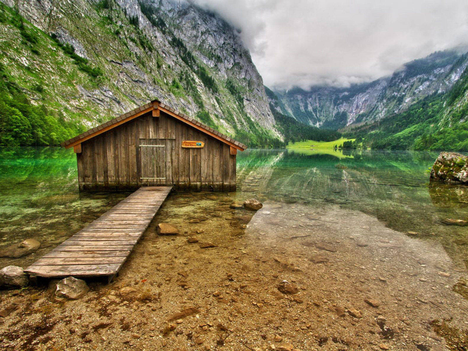 wood house, mountain lake, wooden dock, HD Desktop Wallpaper