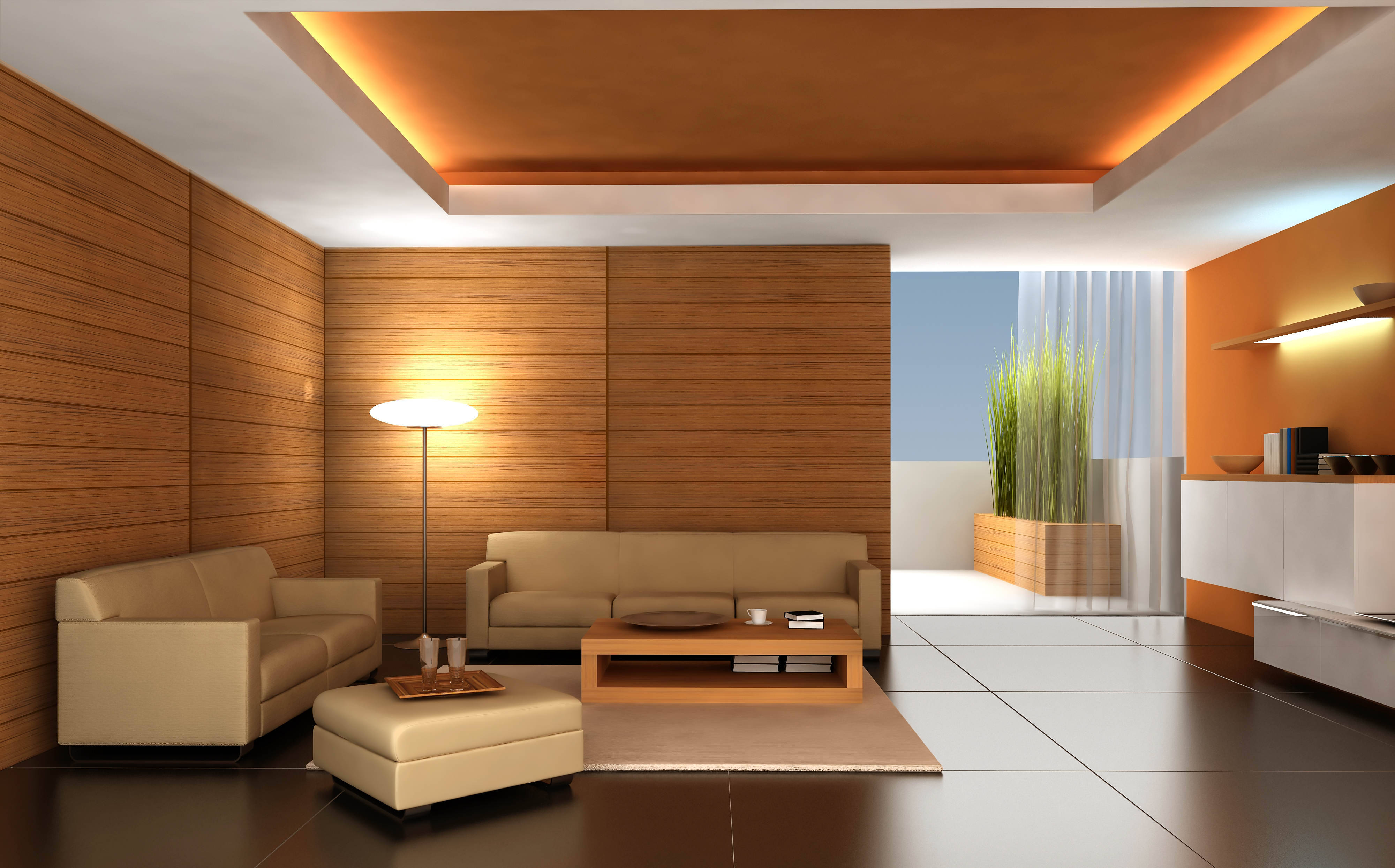 modern interior wooden house design, minimalist living room, warm wood walls, 4K Desktop Wallpaper